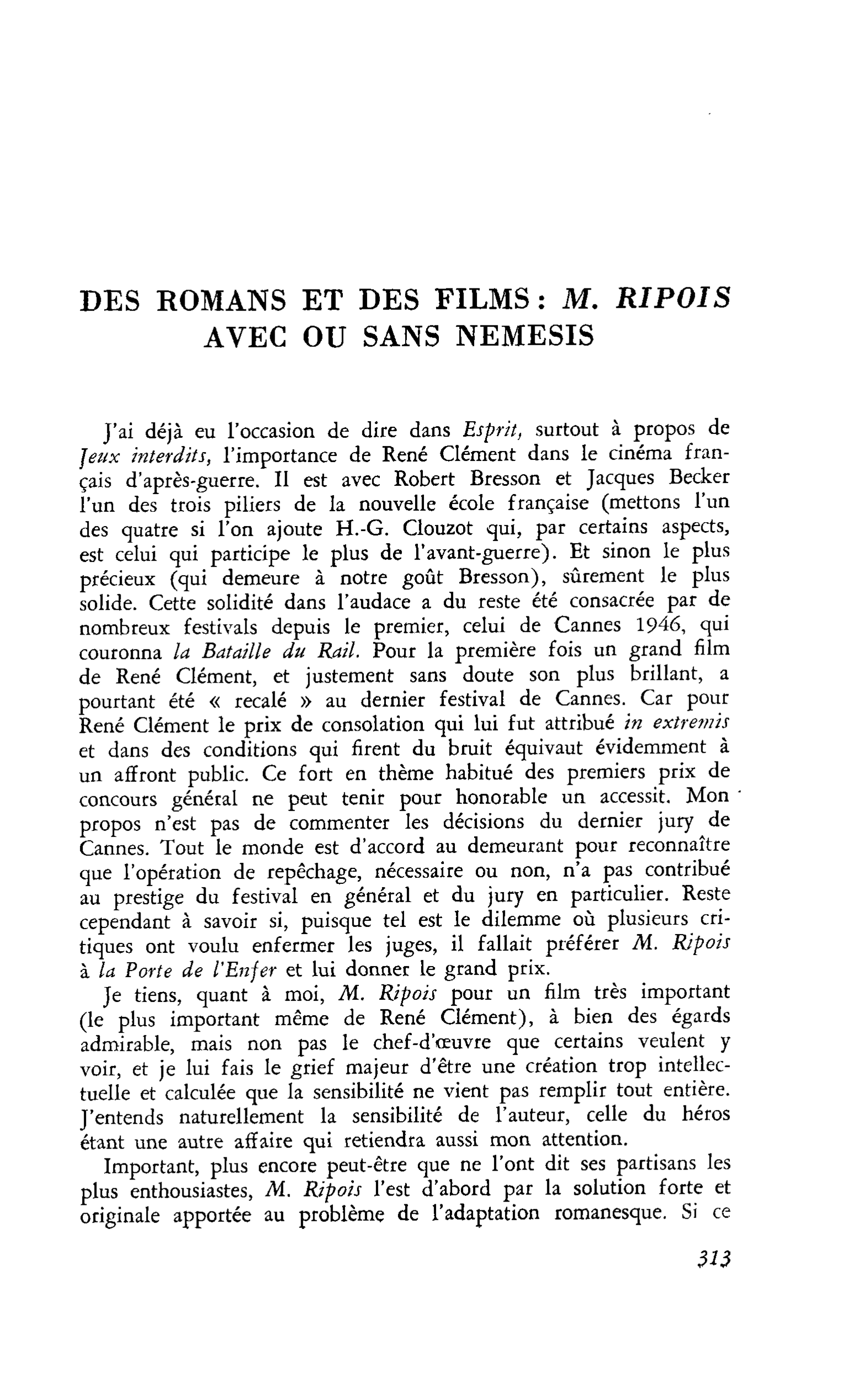 DES ROMANS ET DES FILMS : M. RIPOIS AVEC OU SANS NEMESIS