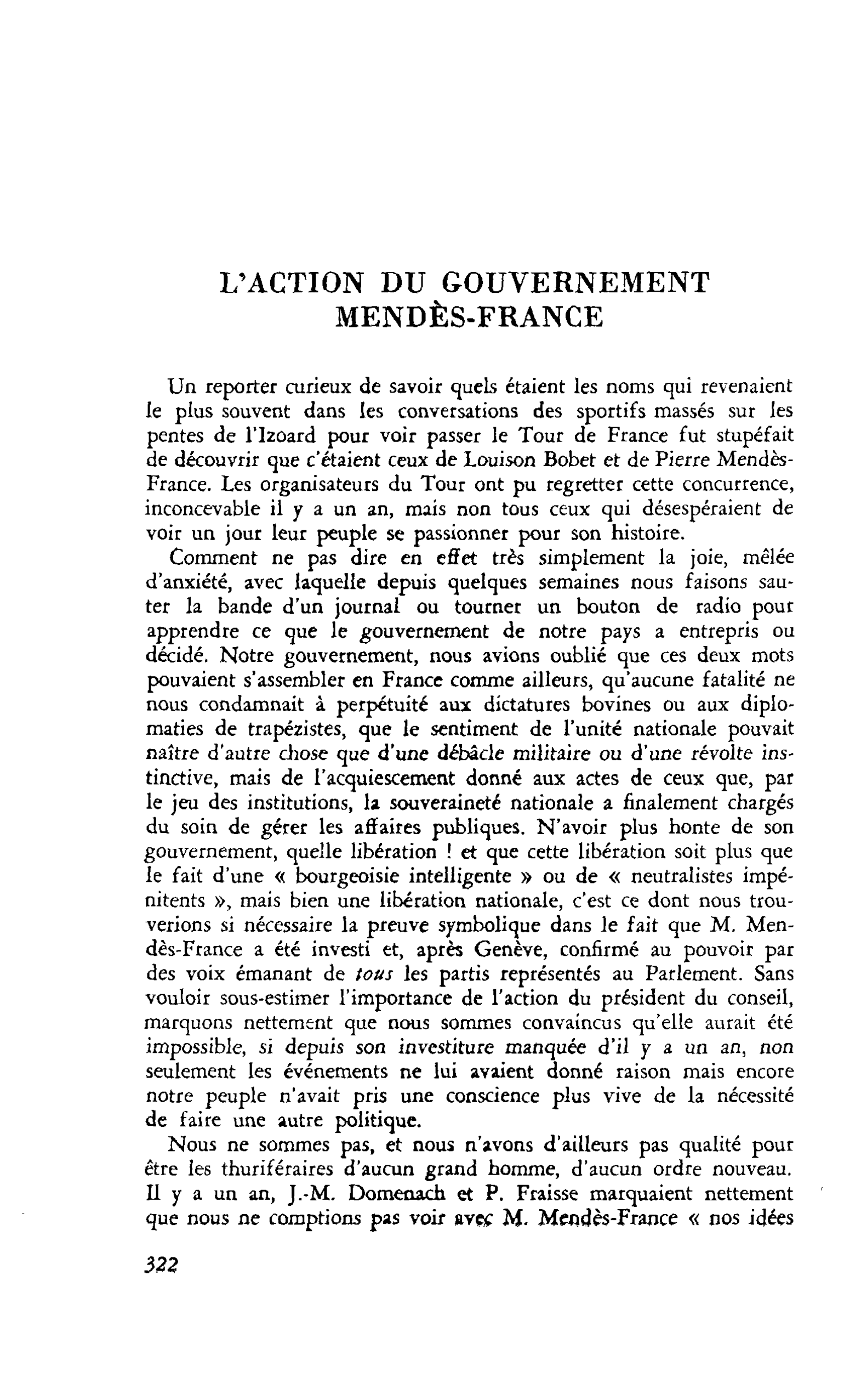 L’ACTION DU GOUVERNEMENT MENDÈS-FRANCE