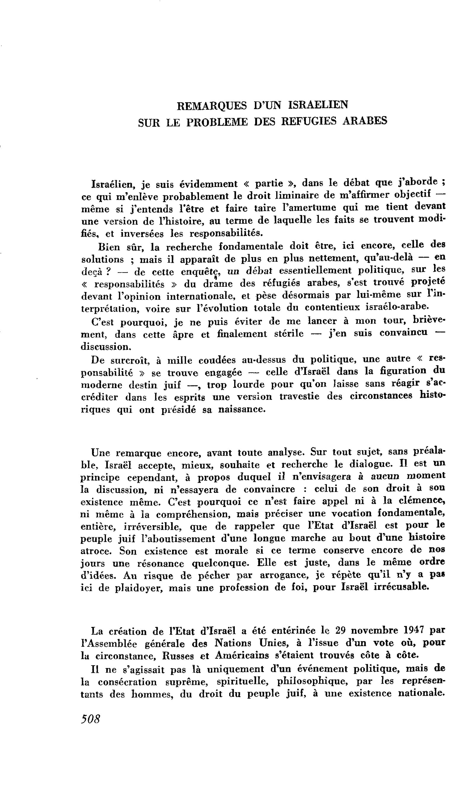 REMARQUES D’UN ISRAELIEN SUR LE PROBLEME DES REFUGIES ARABES