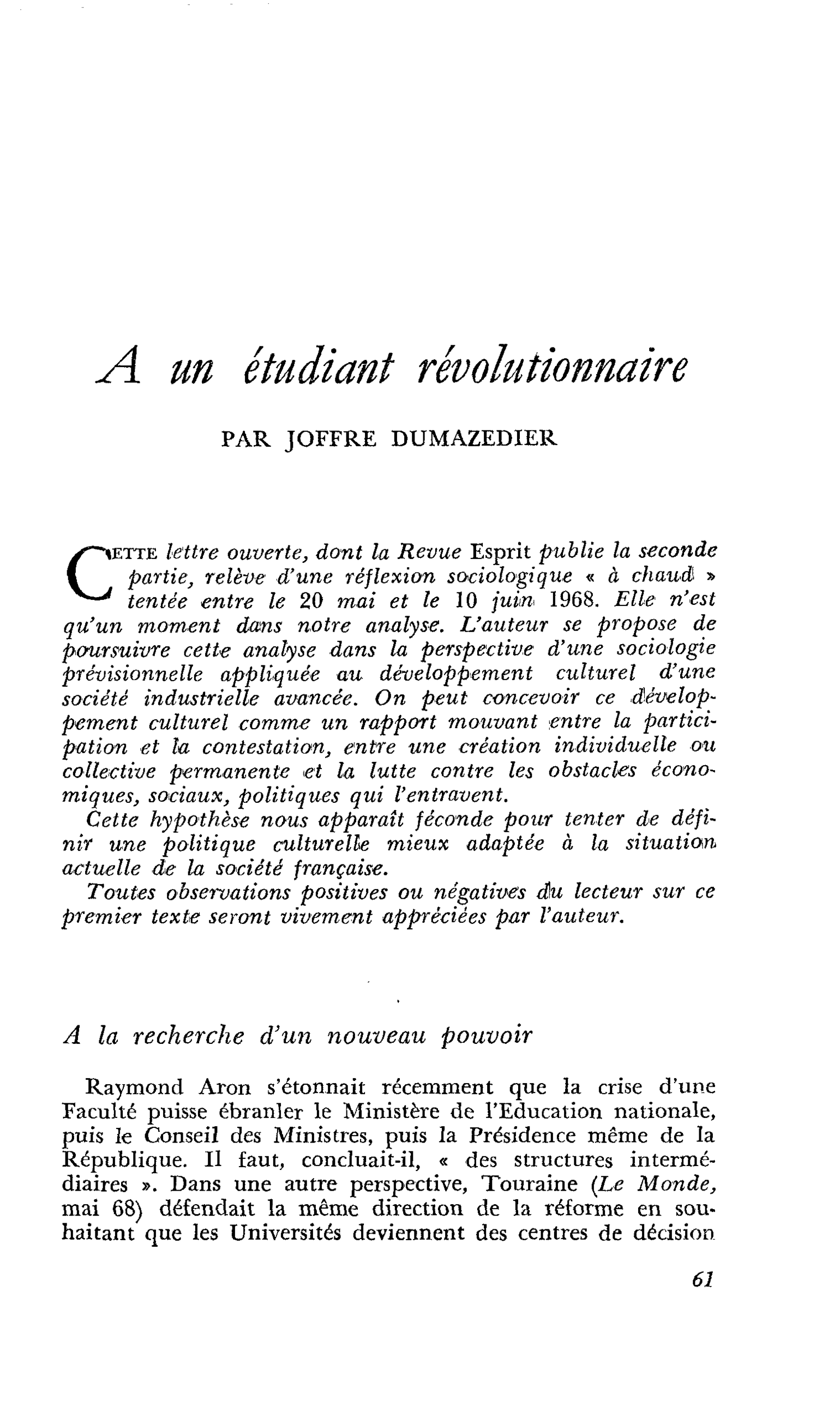 A un étudiant révolutionnaire