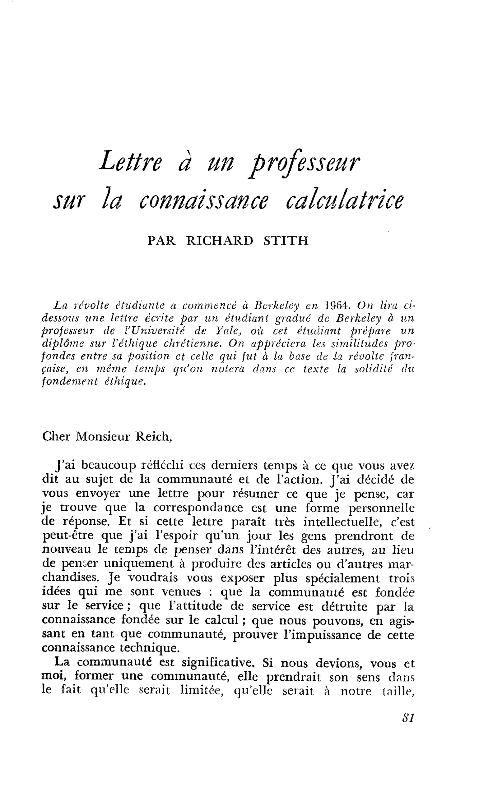 Lettre à un professeur sur la connaissance calculatrice