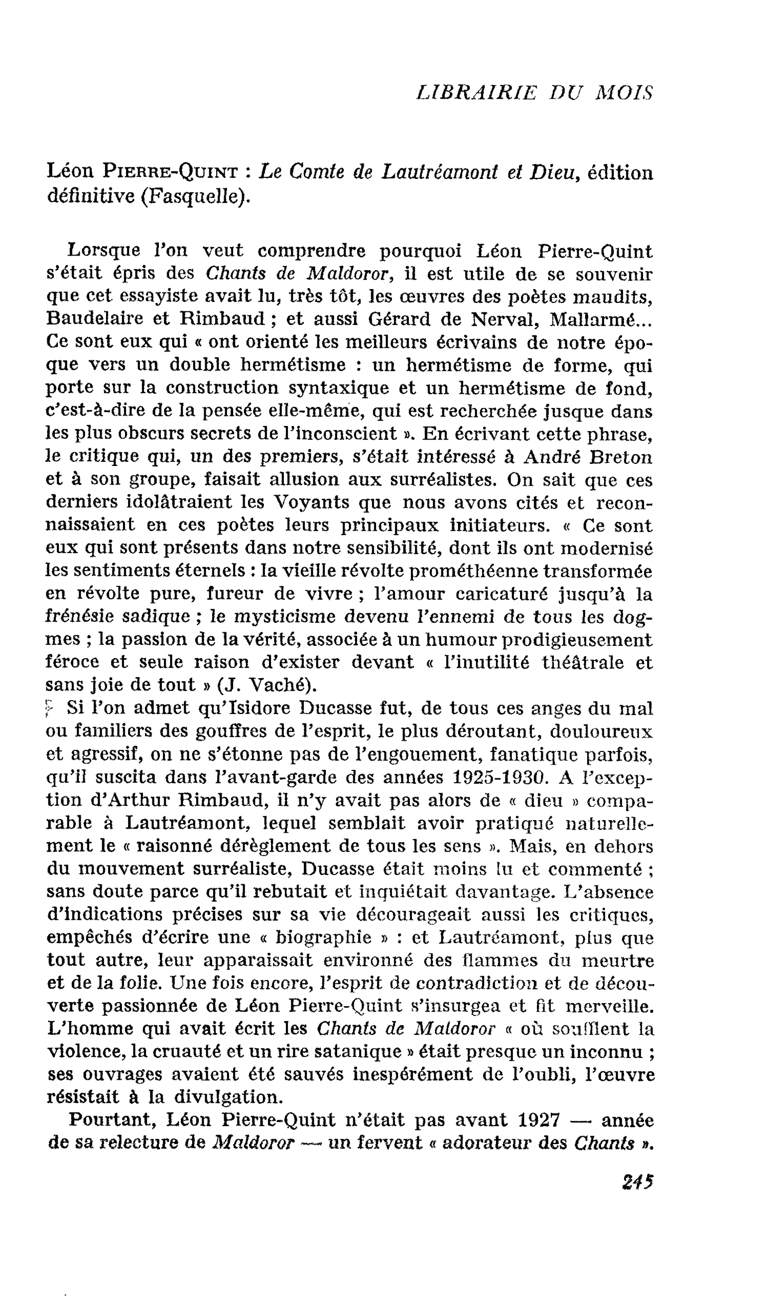 Léon Pierre-Quint : Le Comte de Lautréamont et Dieu, édition définitive