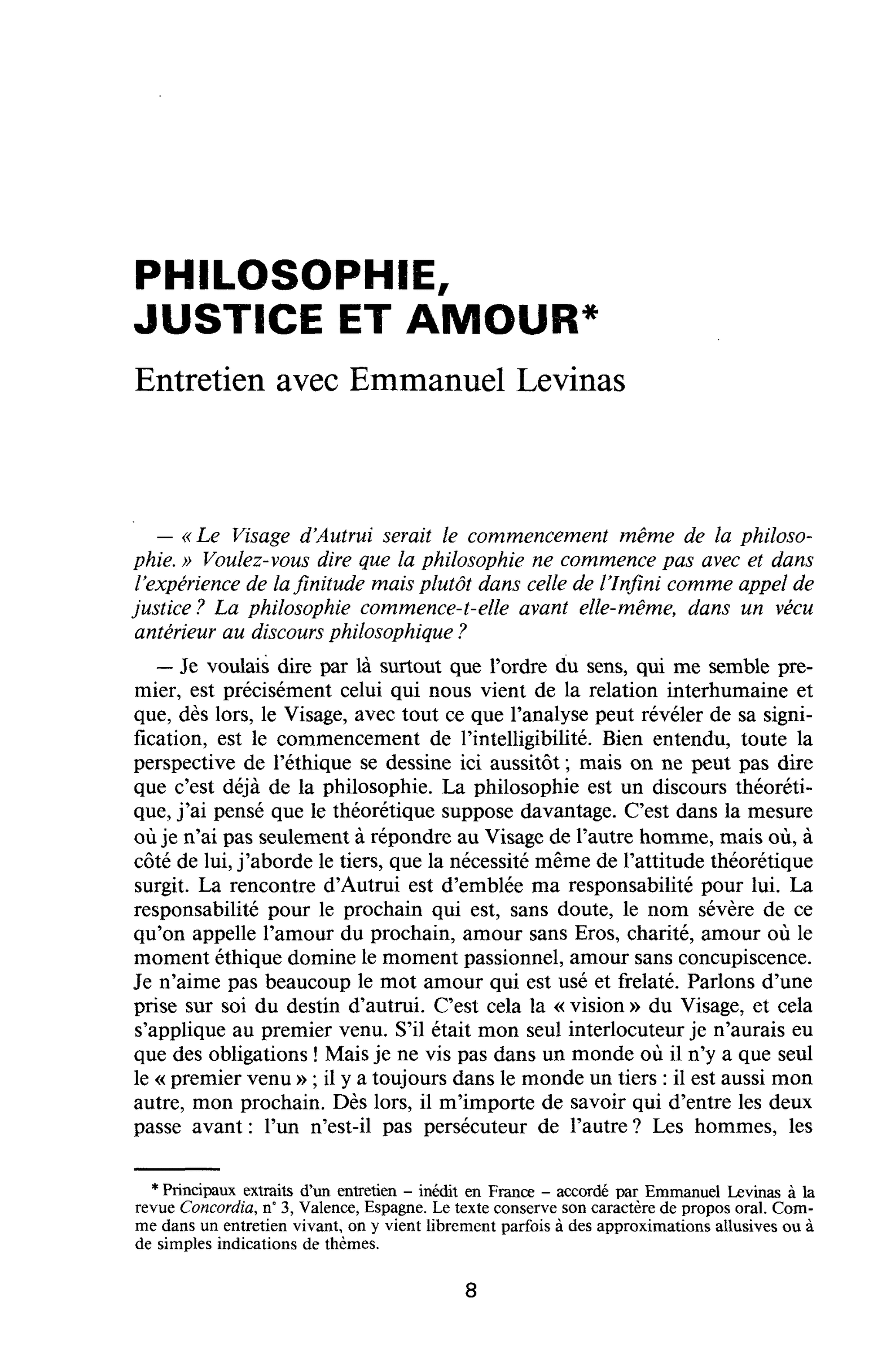 « Philosophie, justice et amour », entretien avec Emmanuel Levinas