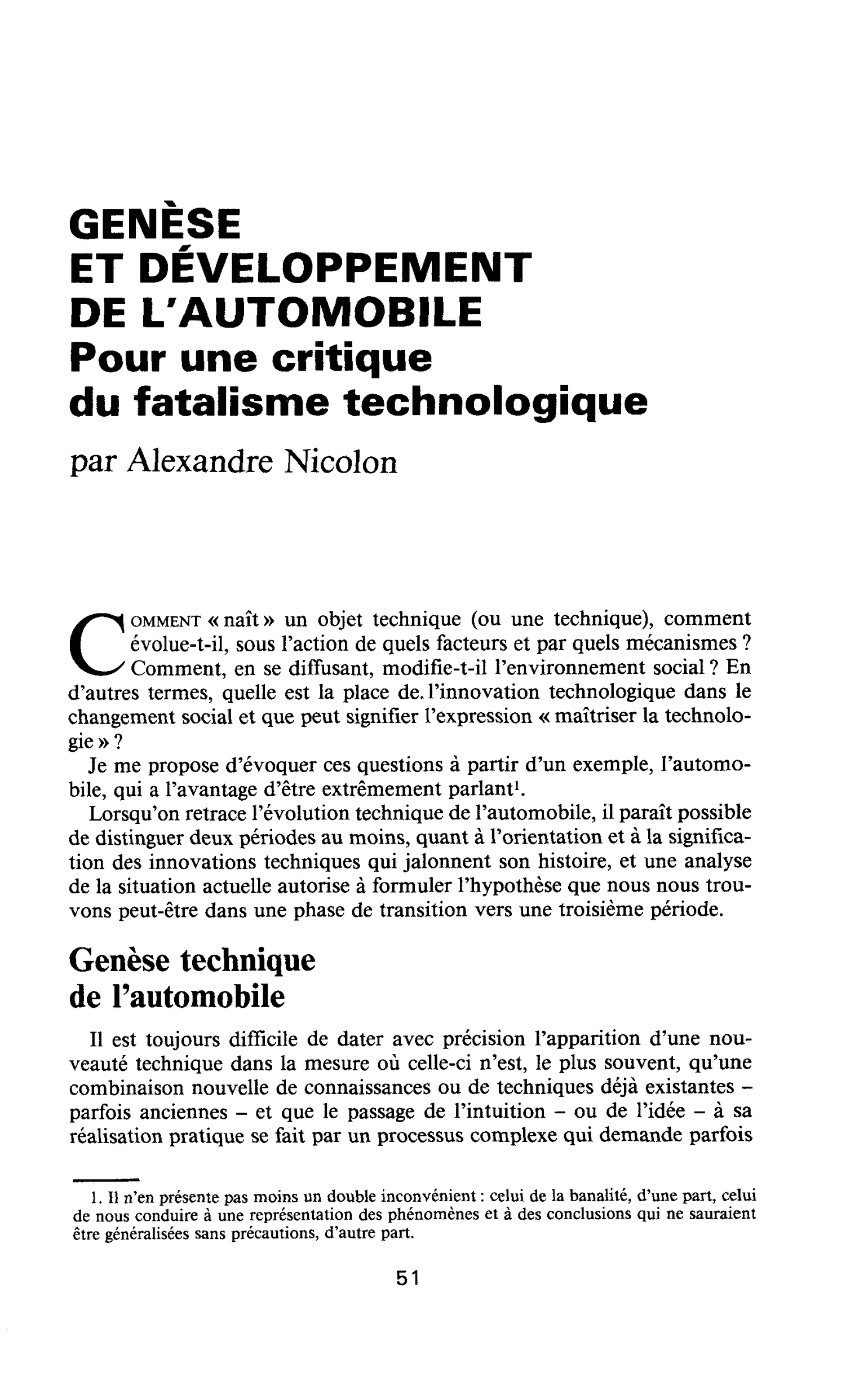 GENÈSE ET DÉVELOPPEMENT DE L’AUTOMOBILE. Pour une critique du fatalisme technologique