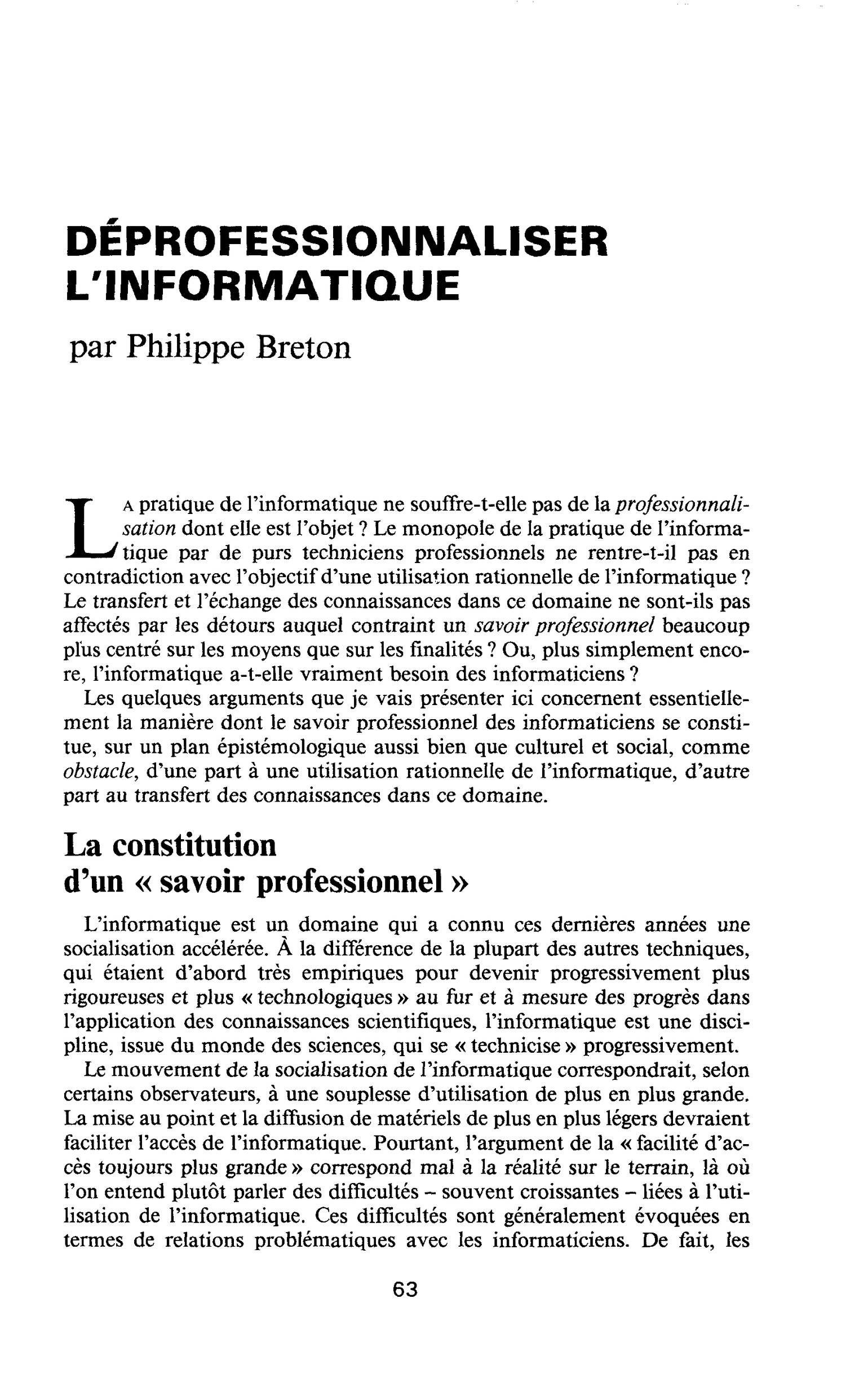 DÉPROFESSIONNALISER L’INFORMATIQUE