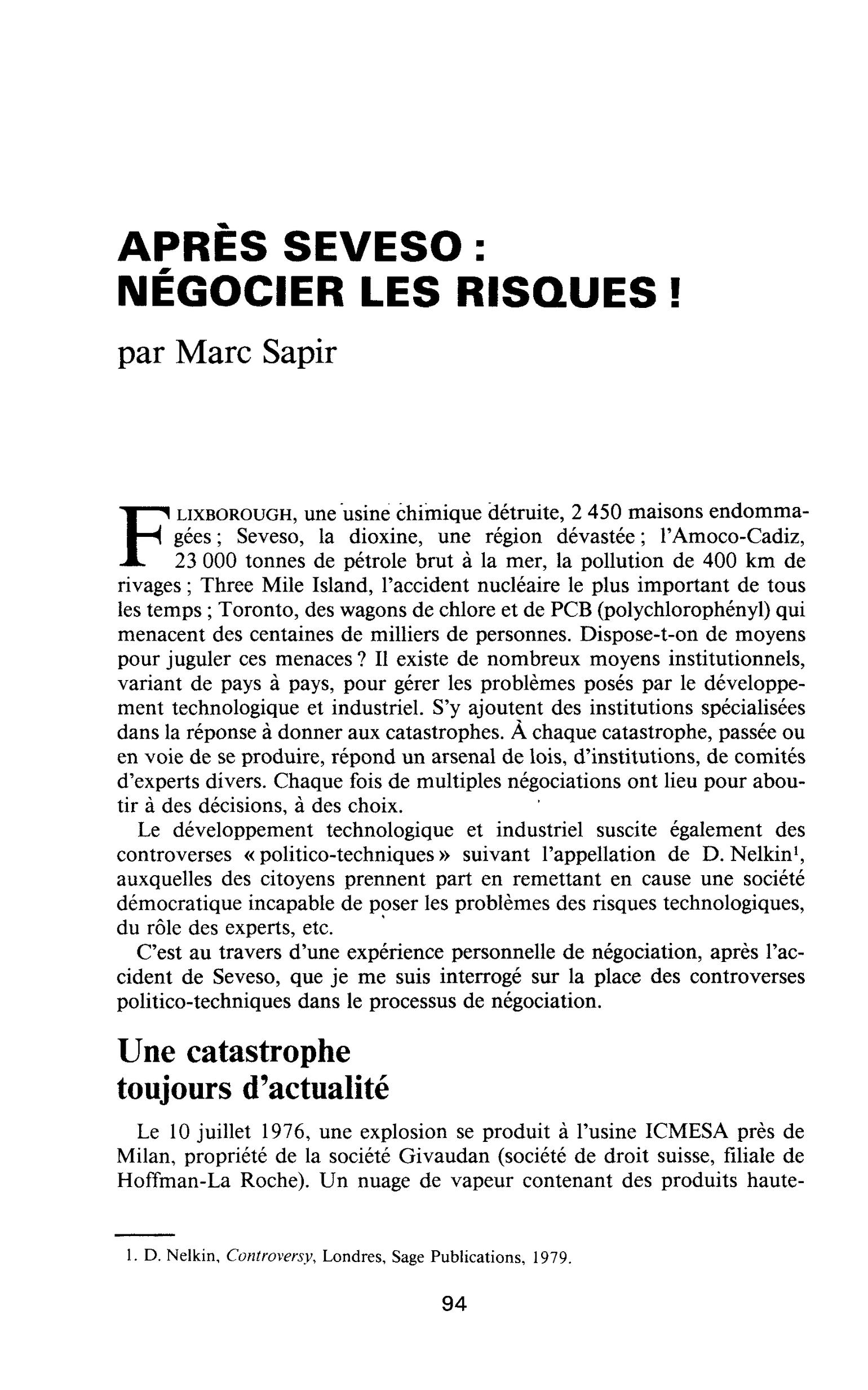 APRÈS SEVESO : NÉGOCIER LES RISQUES !