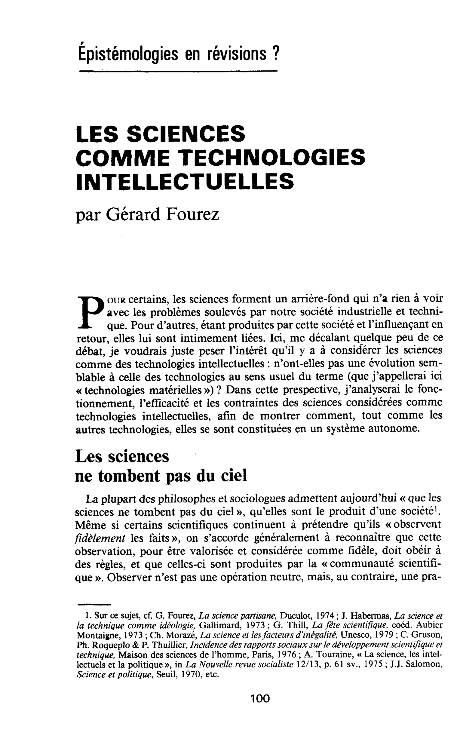 LES SCIENCES COMME TECHNOLOGIES INTELLECTUELLES