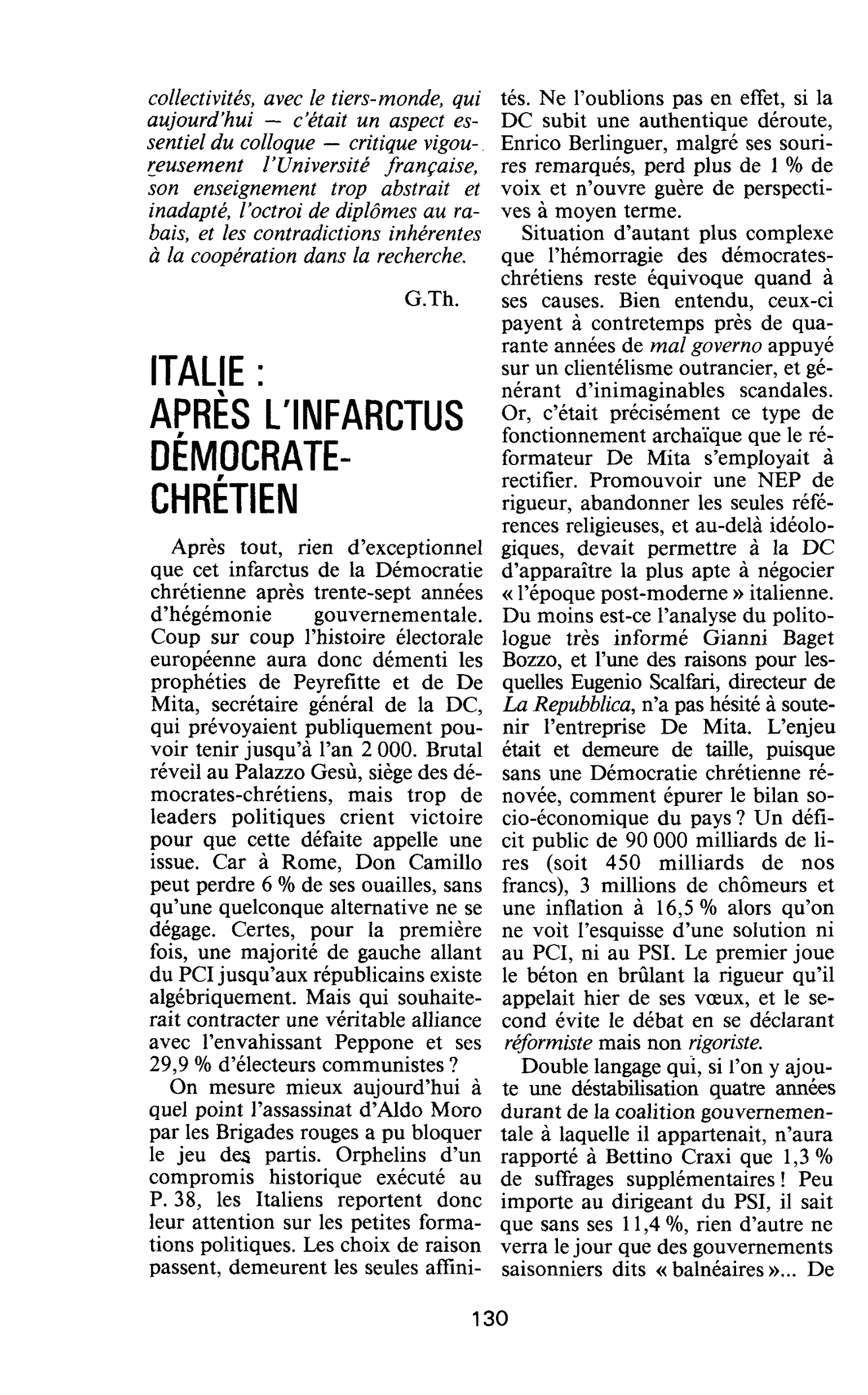 ITALIE : APRÈS L’INFARCTUS DÉMOCRATE- CHRÉTIEN