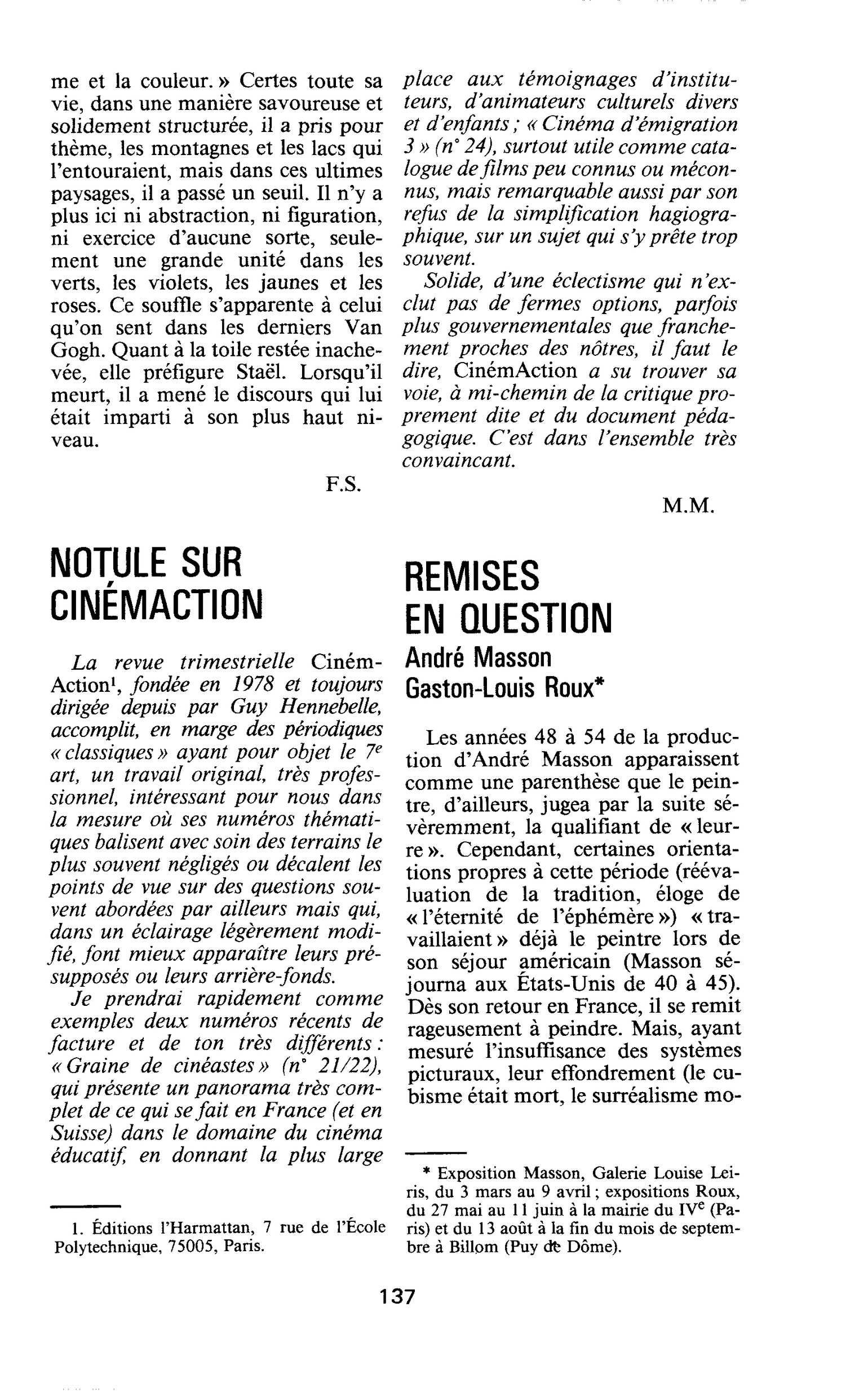 REMISES EN QUESTION. André Masson Gaston-Louis Roux