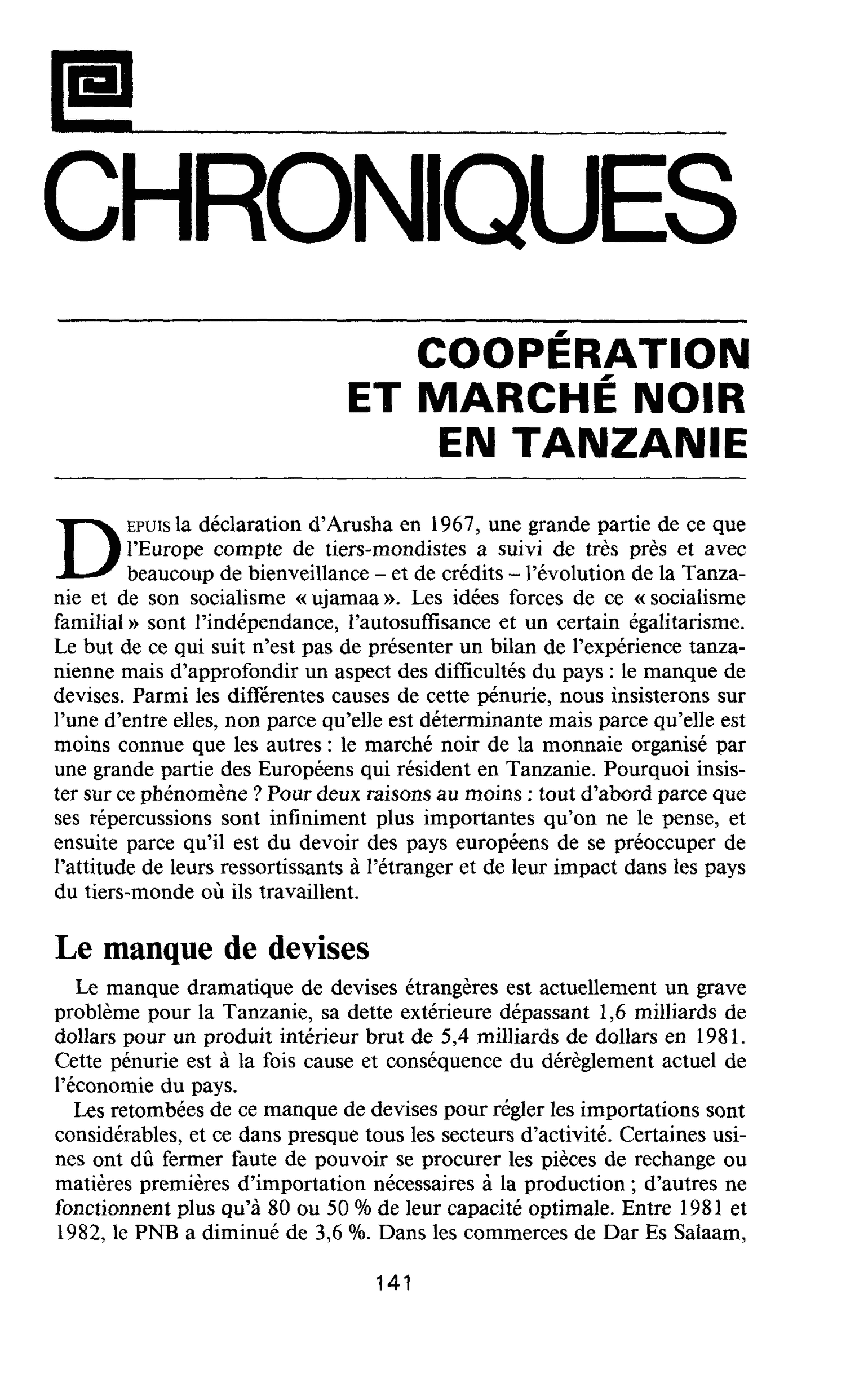 COOPÉRATION ET MARCHÉ NOIR EN TANZANIE