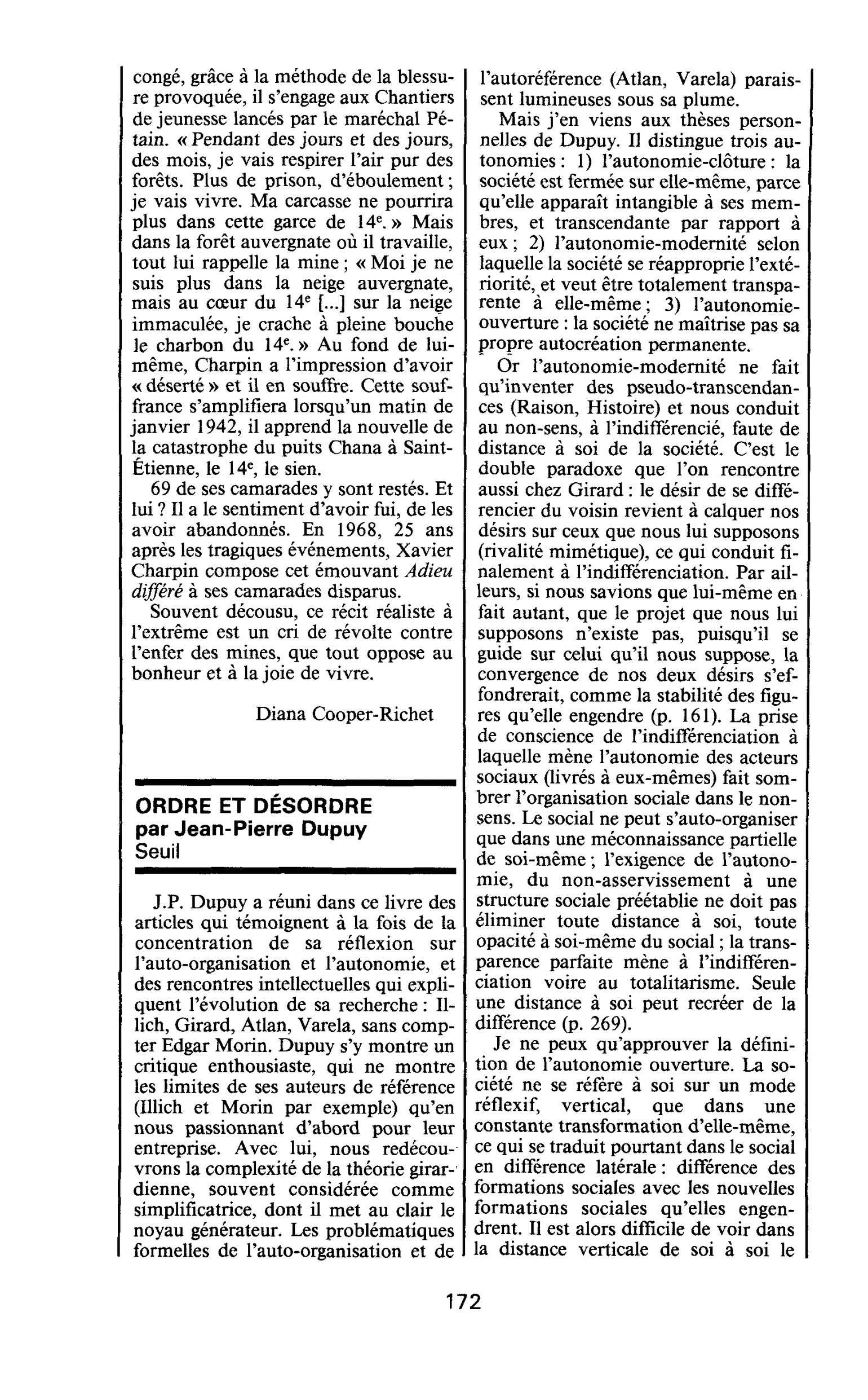 ORDRE ET DÉSORDRE par Jean-Pierre Dupuy