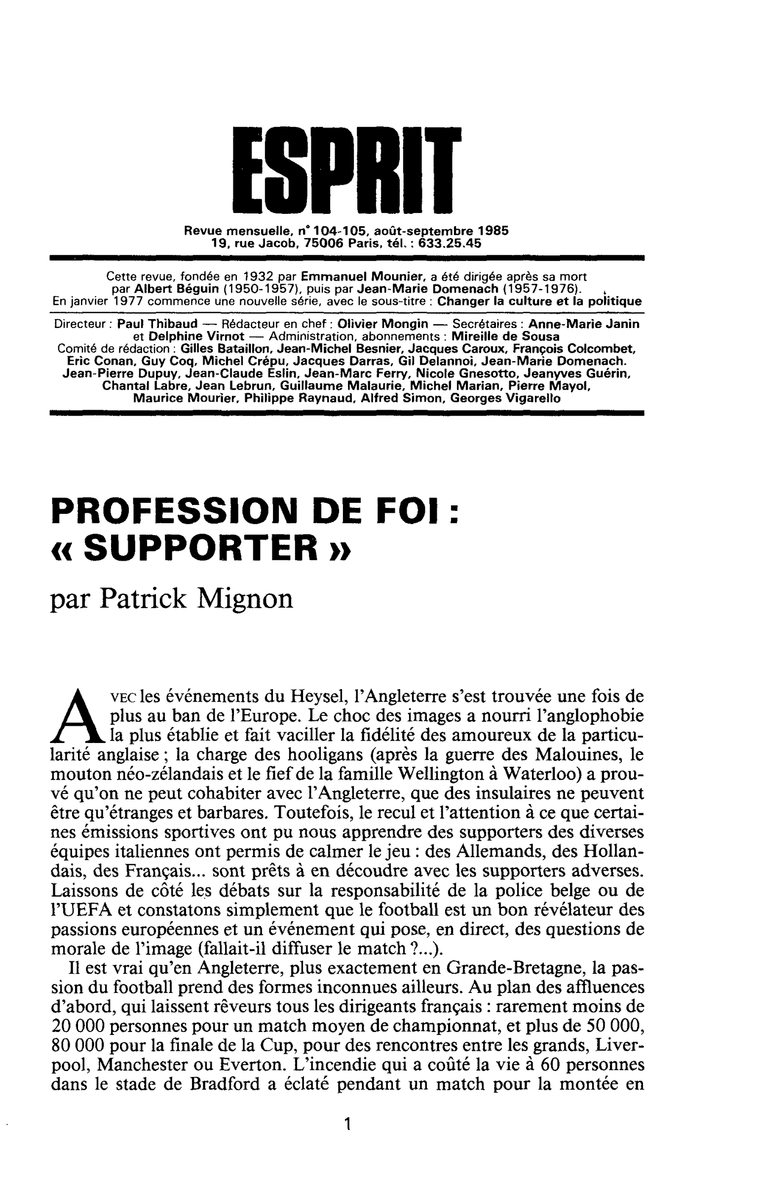 PROFESSION DE FOI : « SUPPORTER »