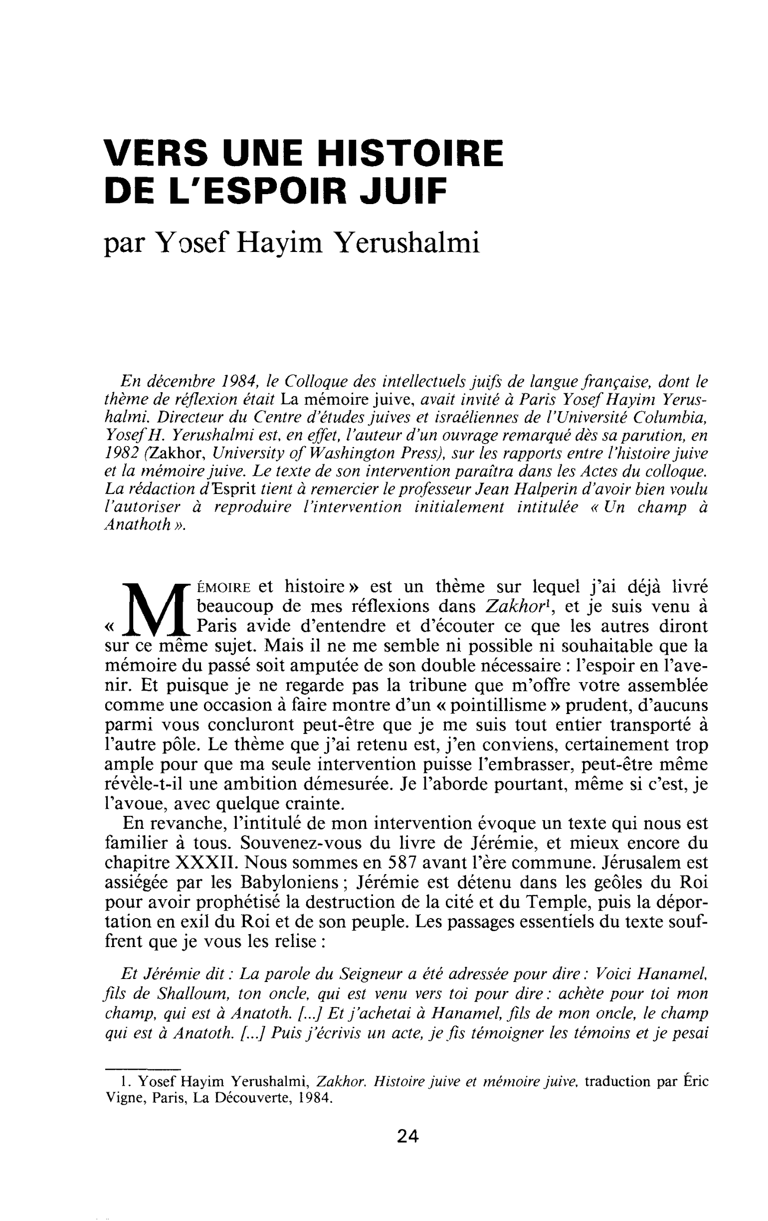 VERS UNE HISTOIRE DE L’ESPOIR JUIF