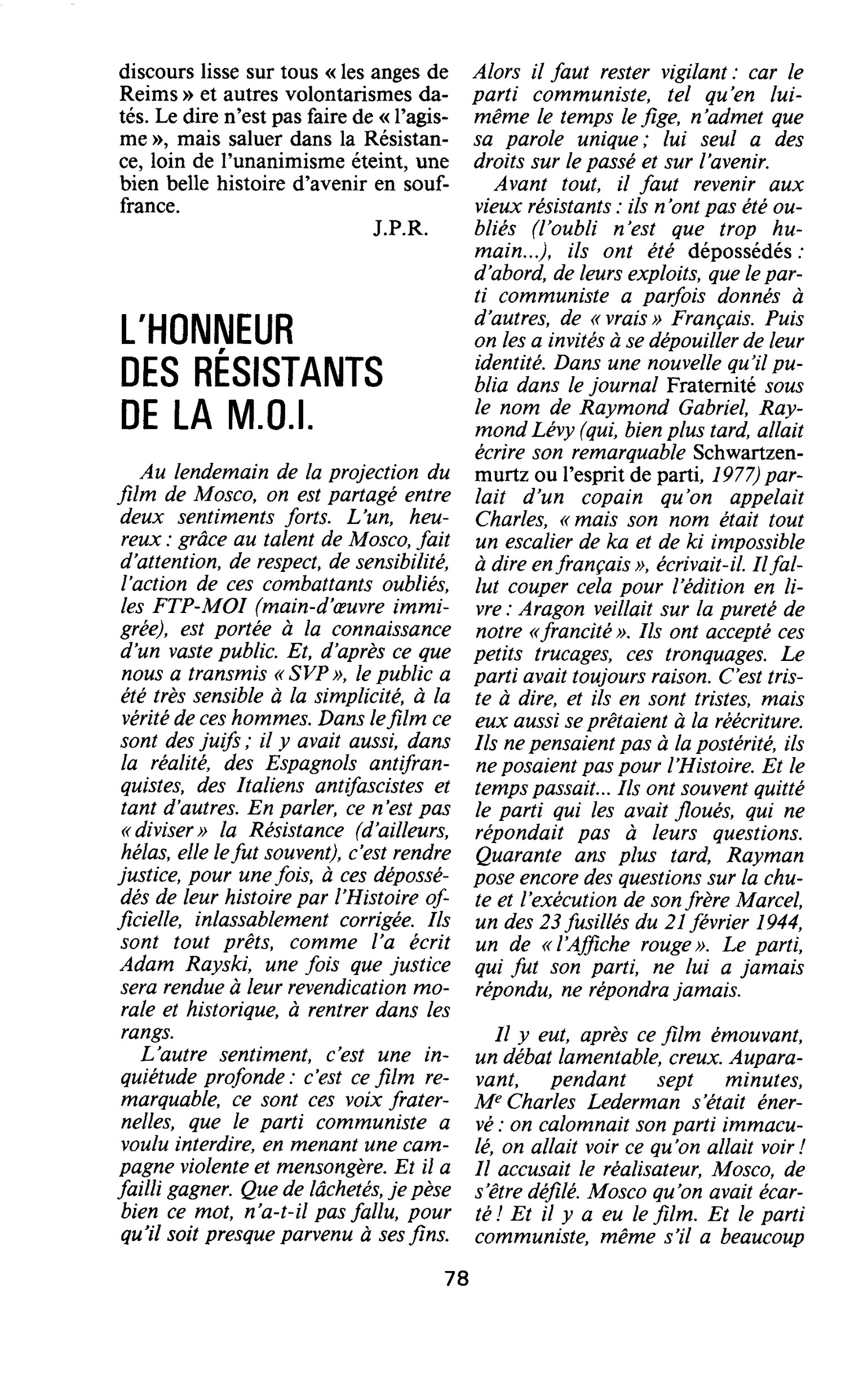 L’HONNEUR DES RÉSISTANTS DE LA M.O.I
