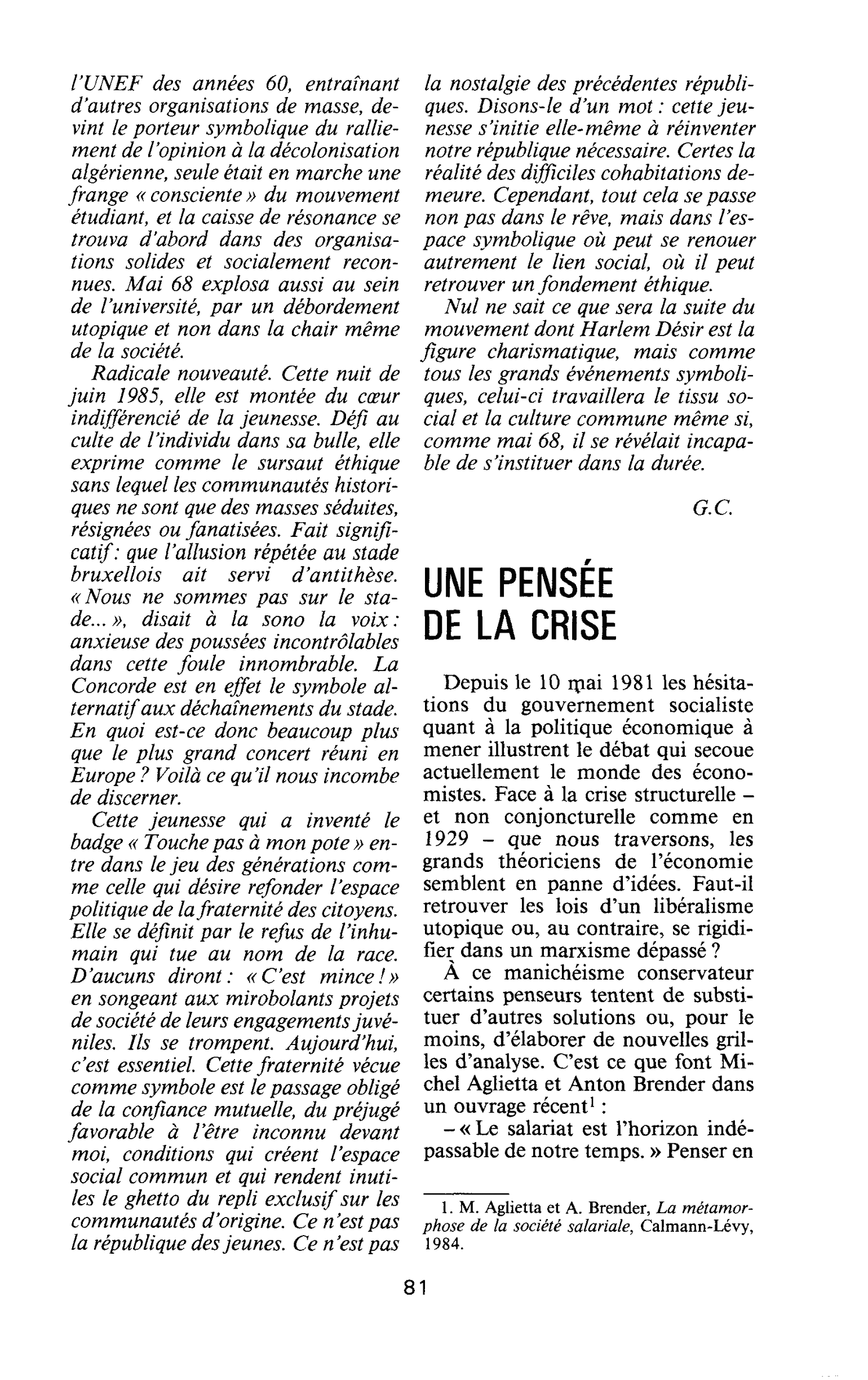 UNE PENSÉE DE LA CRISE