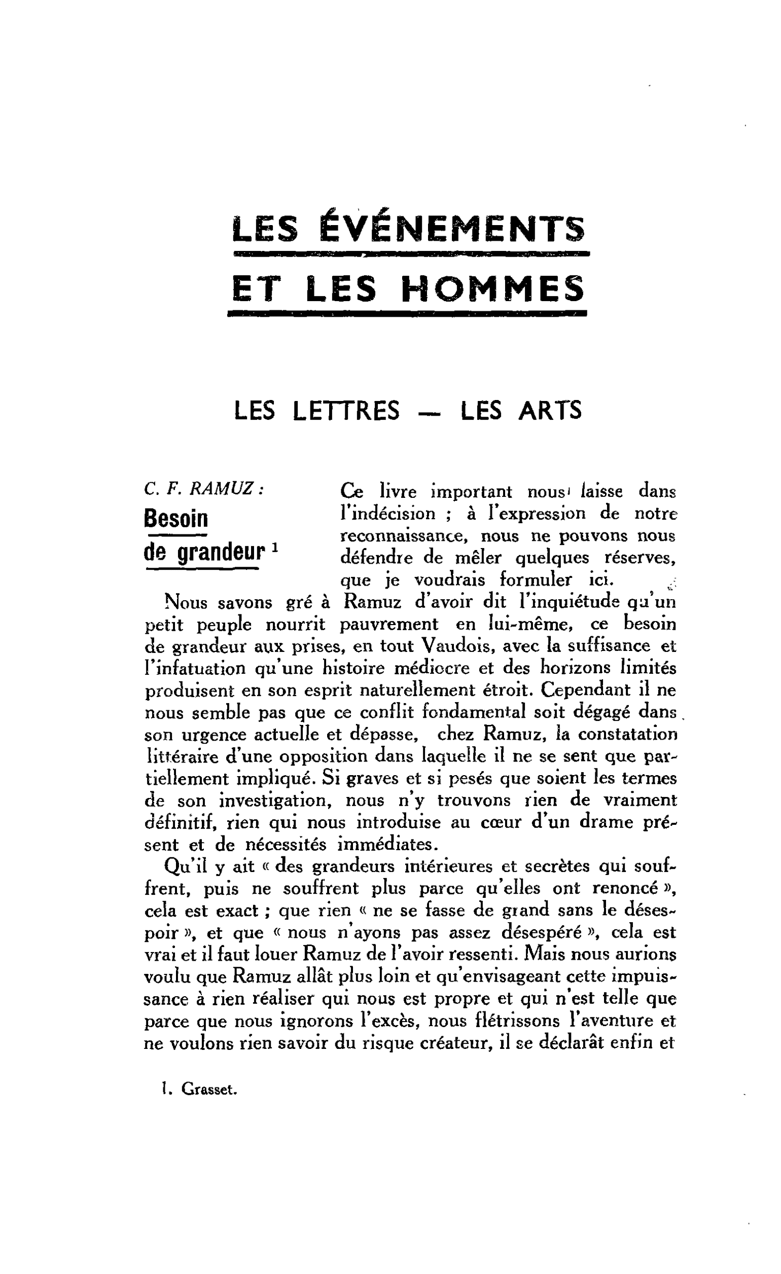 LES LETTRES - LES ARTS C. F. RAMUZ : Besoin de grandeur