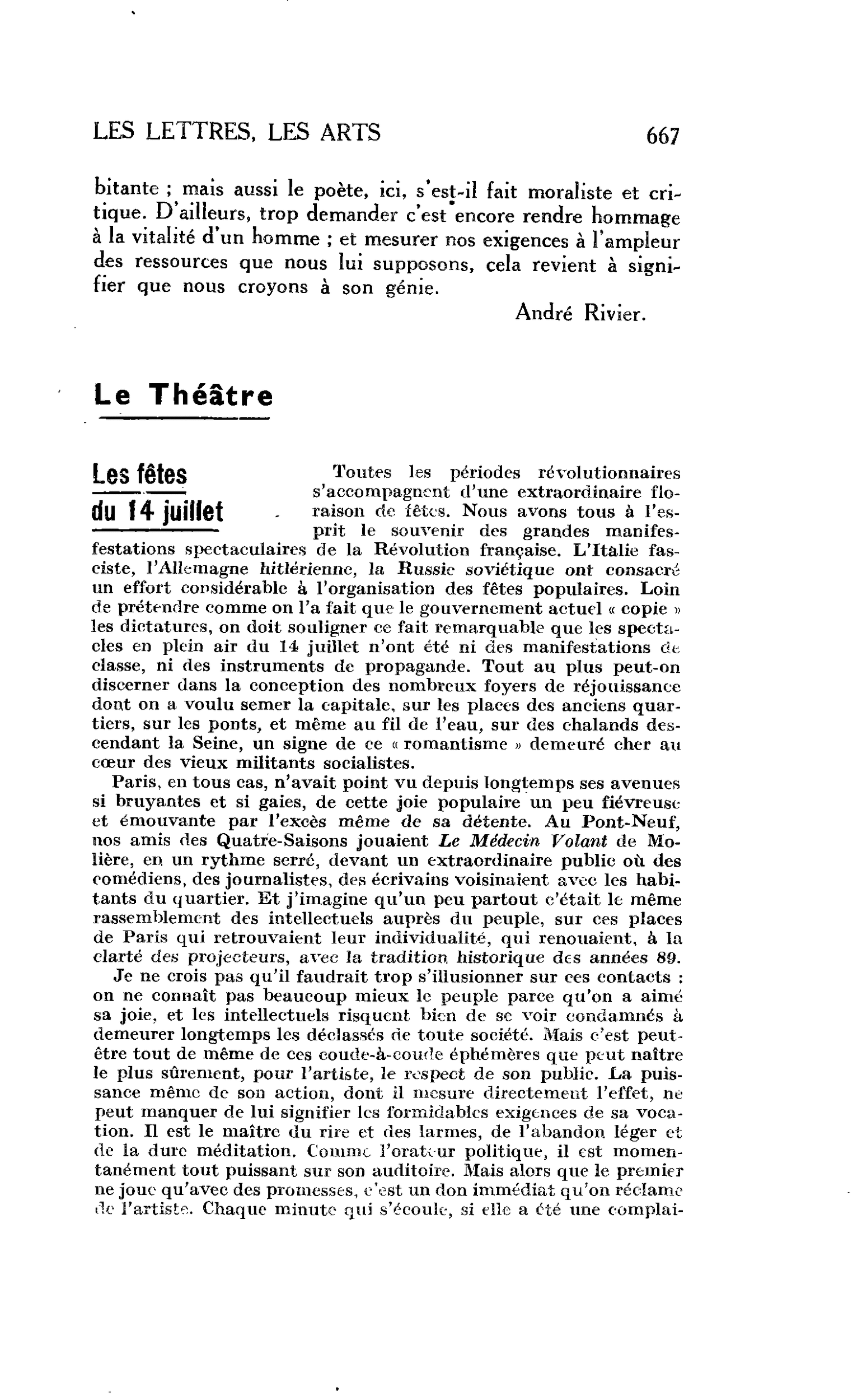 LES LETTRES - LES ARTS : Le Théâtre Les fêtes du 14 juillet