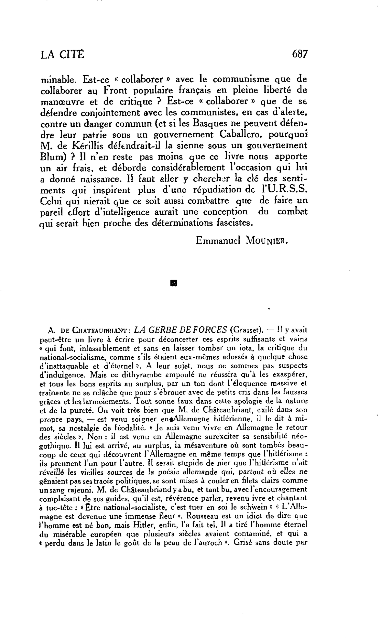 LA CITÉ. A. de Chateaubriant : LA GERBE DE FORCES