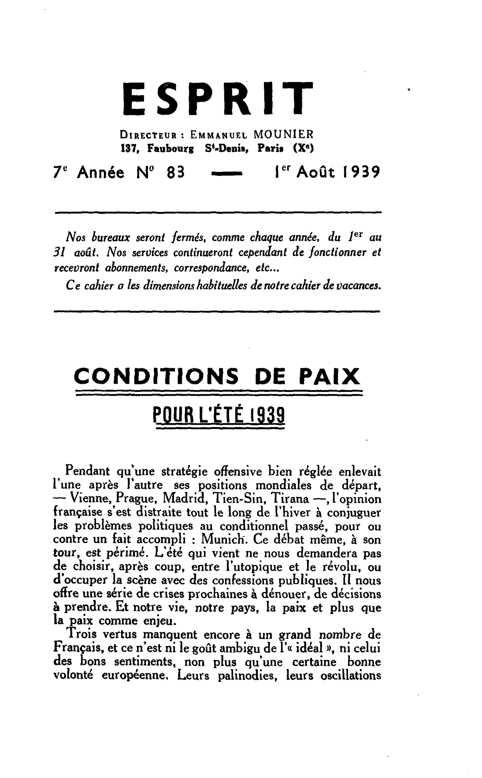 CONDITIONS DE PAIX POUR L’ÉTÉ 1939