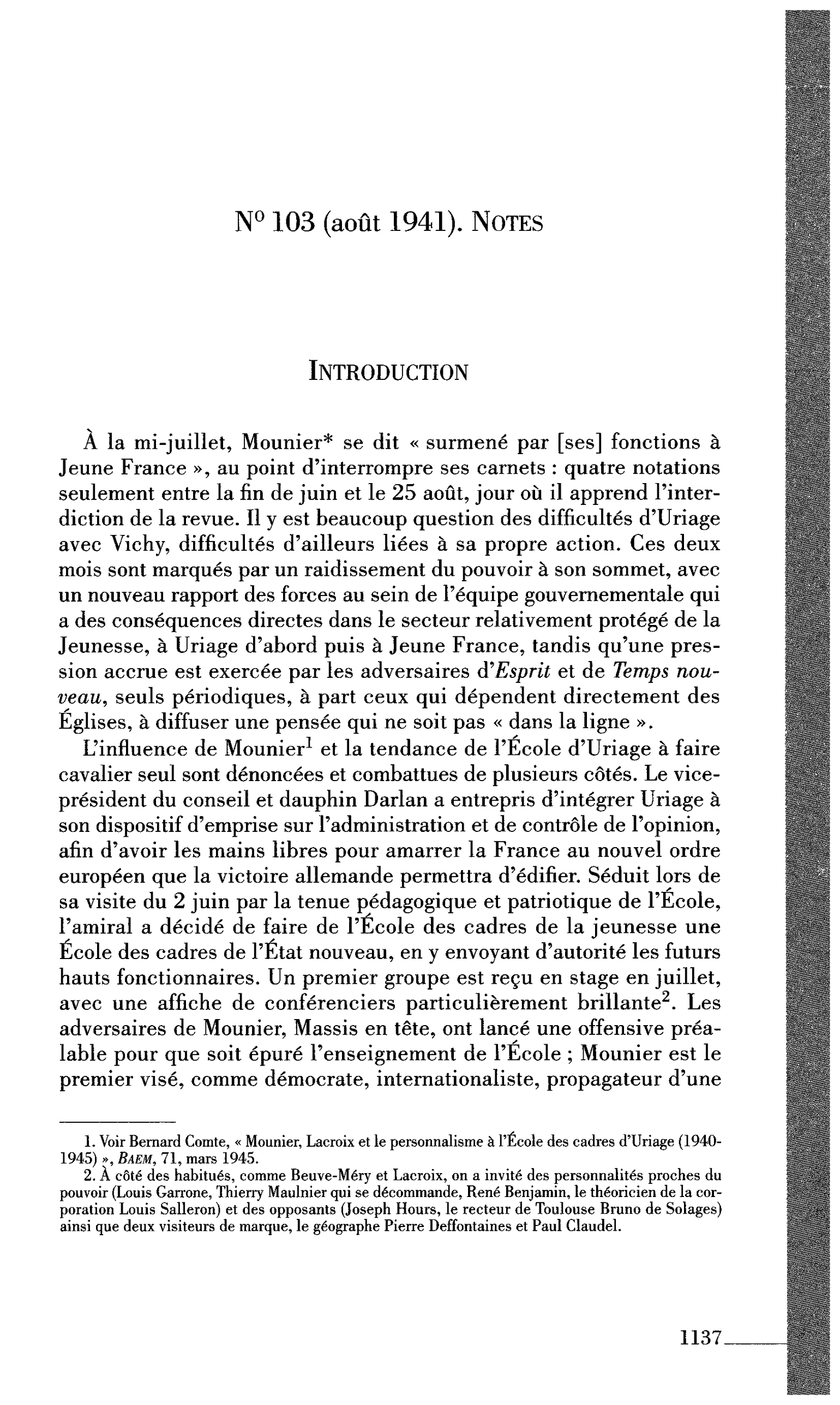 N° 103 (août 1941). Notes Introduction