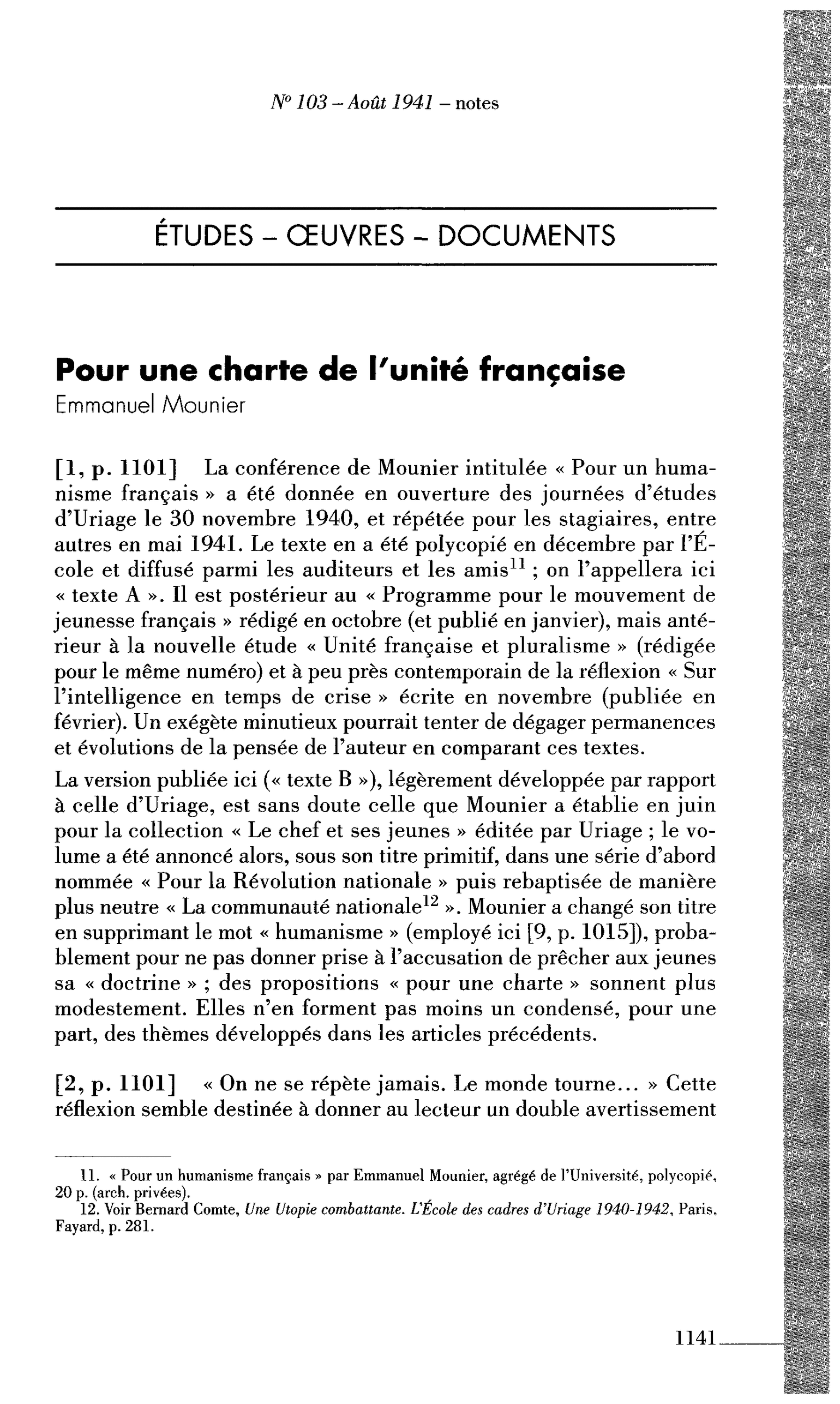 Pour une charte de l’unité française (par Mounier Emmanuel)