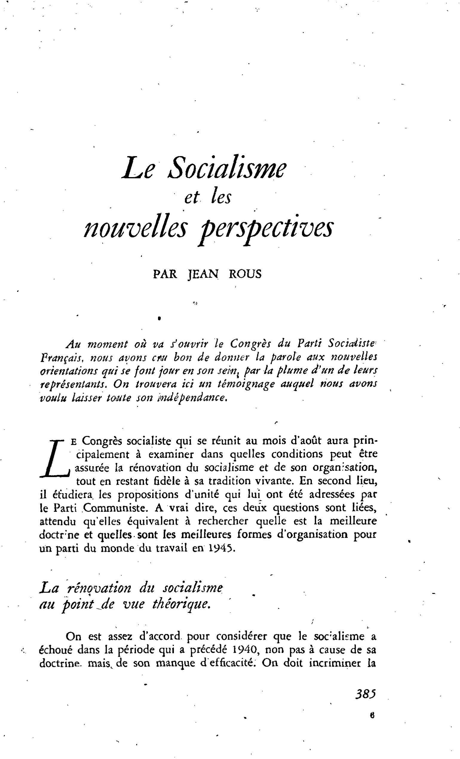 Le Socialisme et les nouvelles perspectives