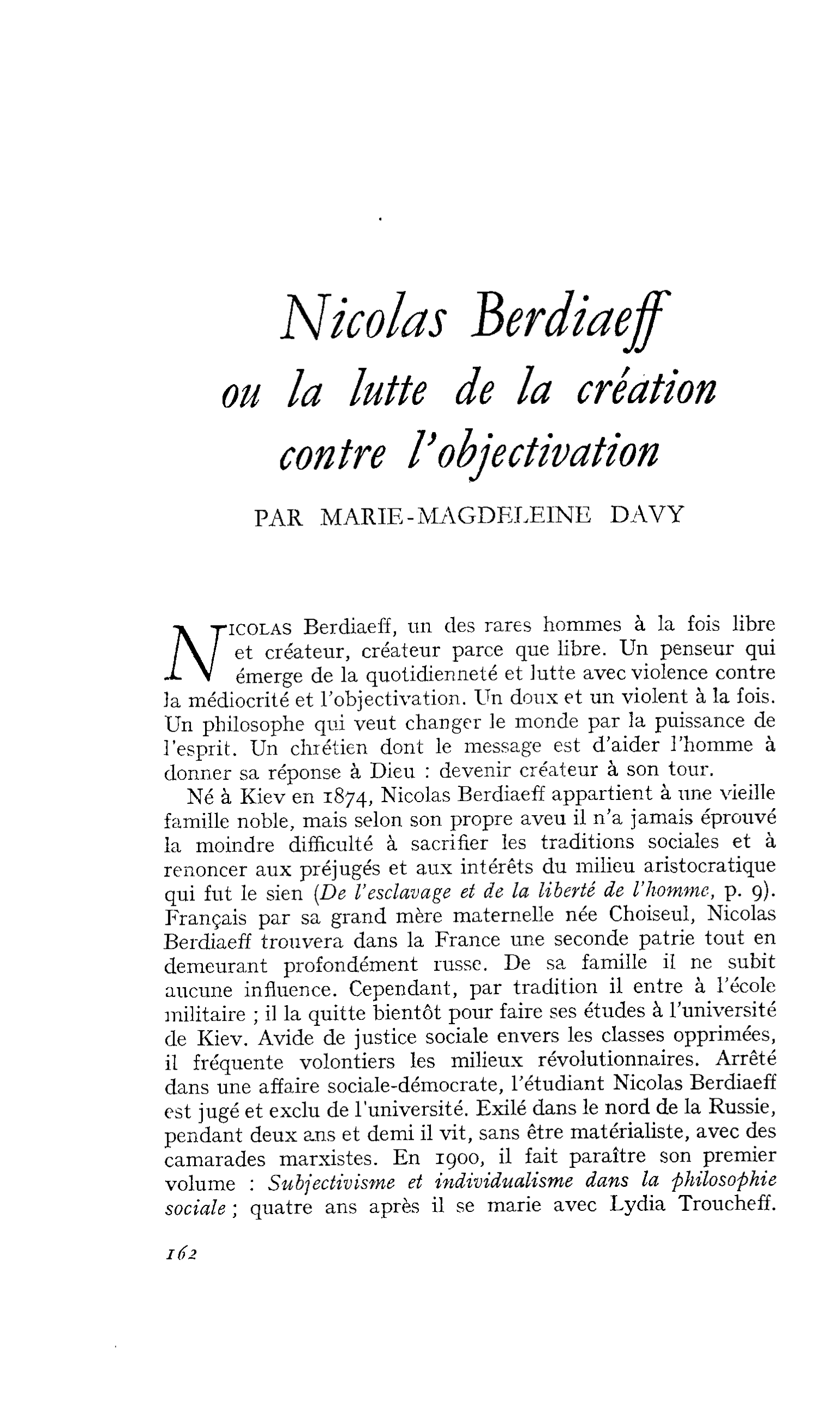 Nicolas Berdiaeff ou la lutte de la création contre l’objectivation