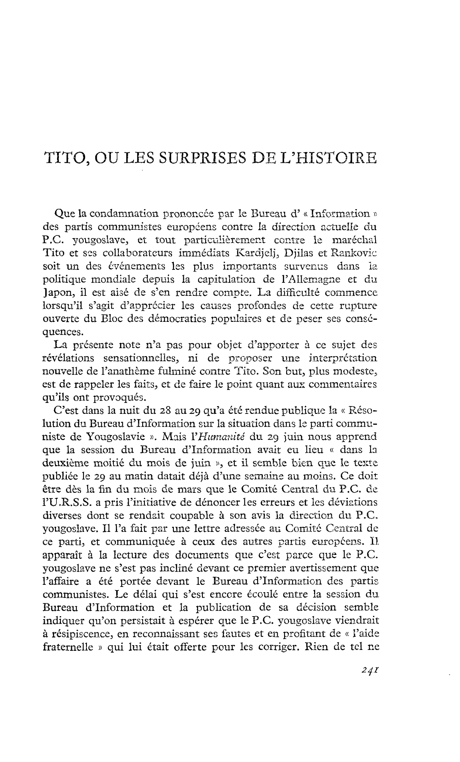 Tito, ou les surprises de l’histoire
