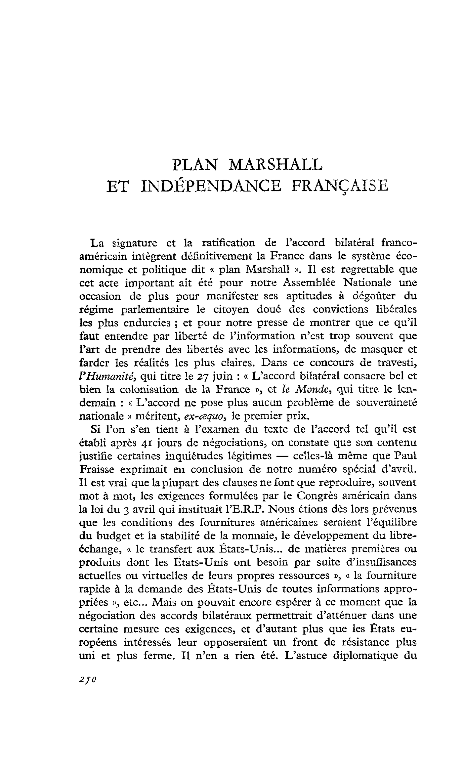 Plan Marshall et indépendance française