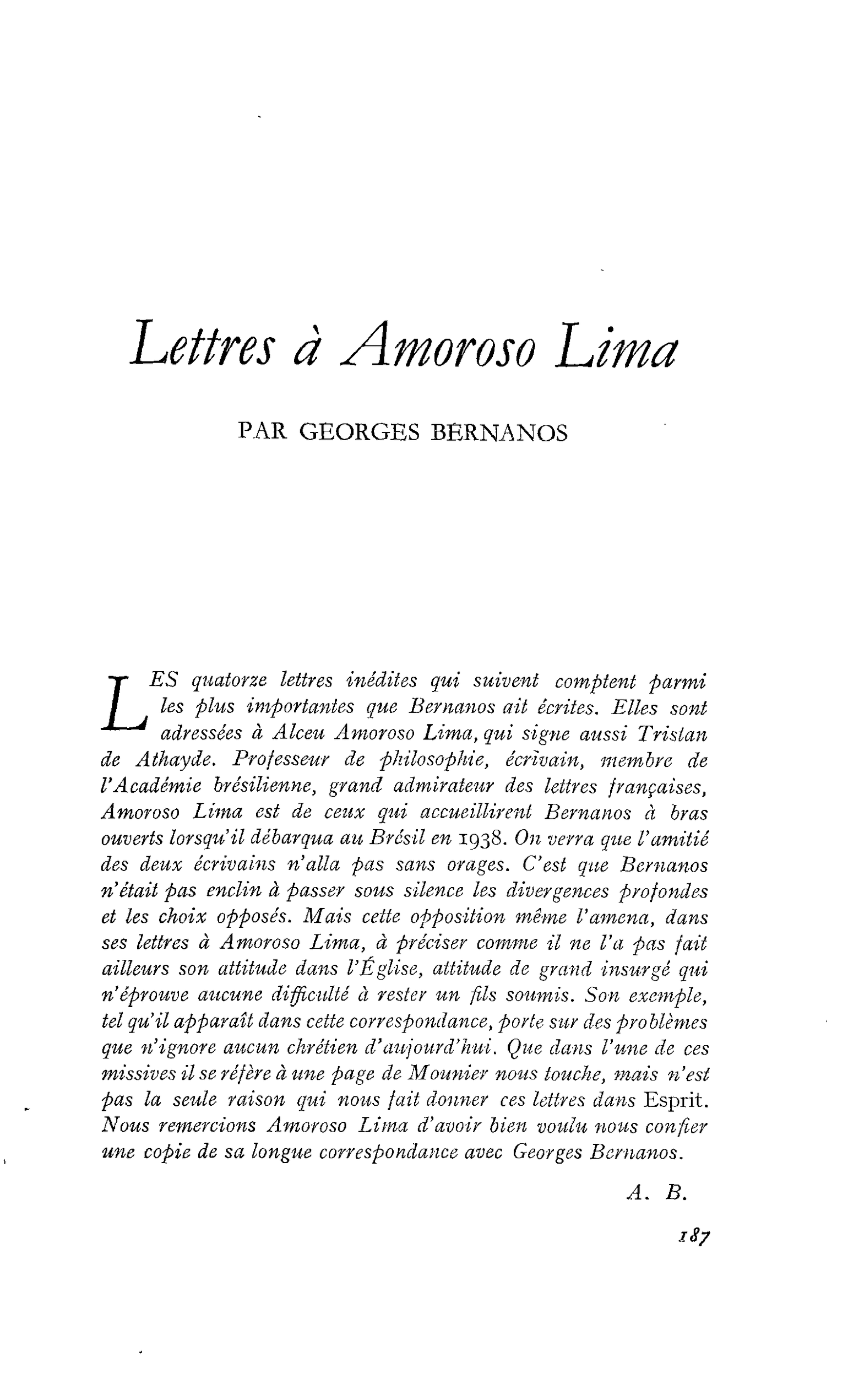 Lettres à Amoroso Lima