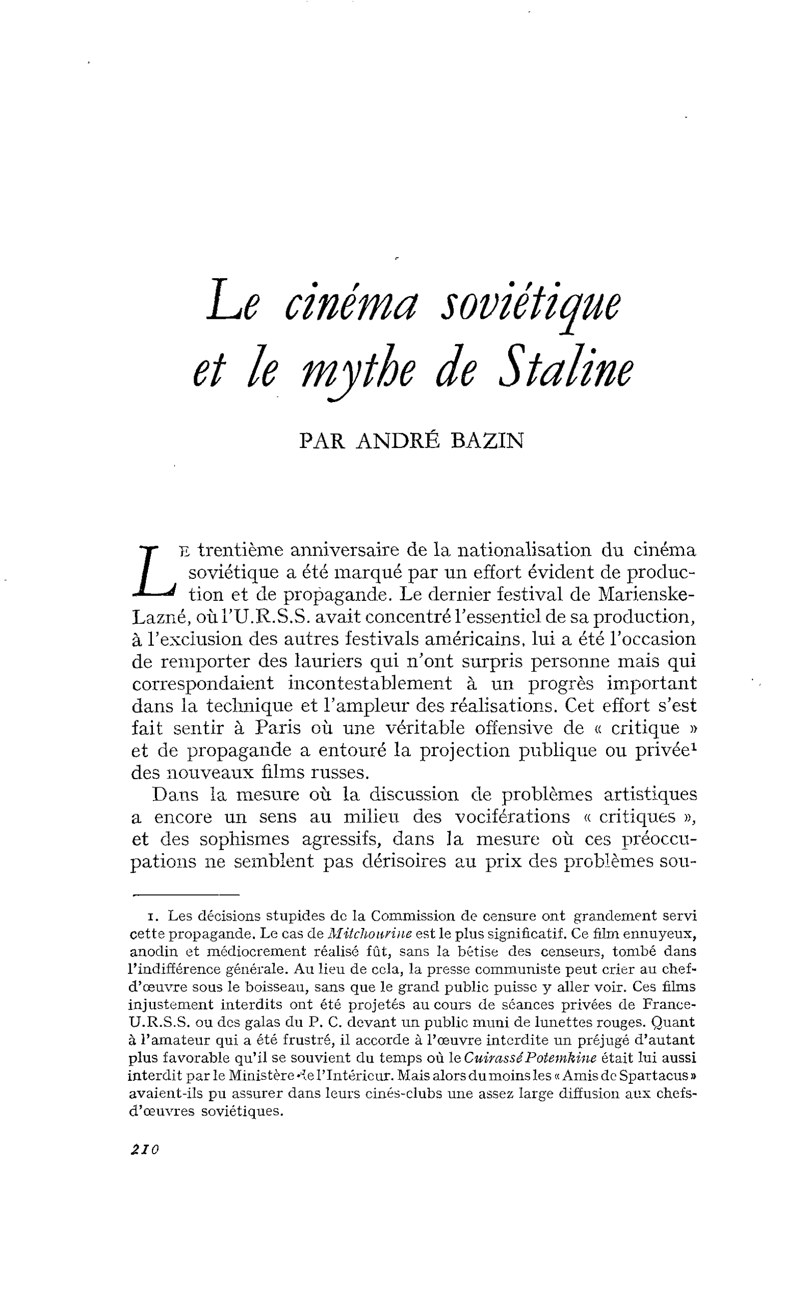 Le cinéma soviétique et le mythe de Staline
