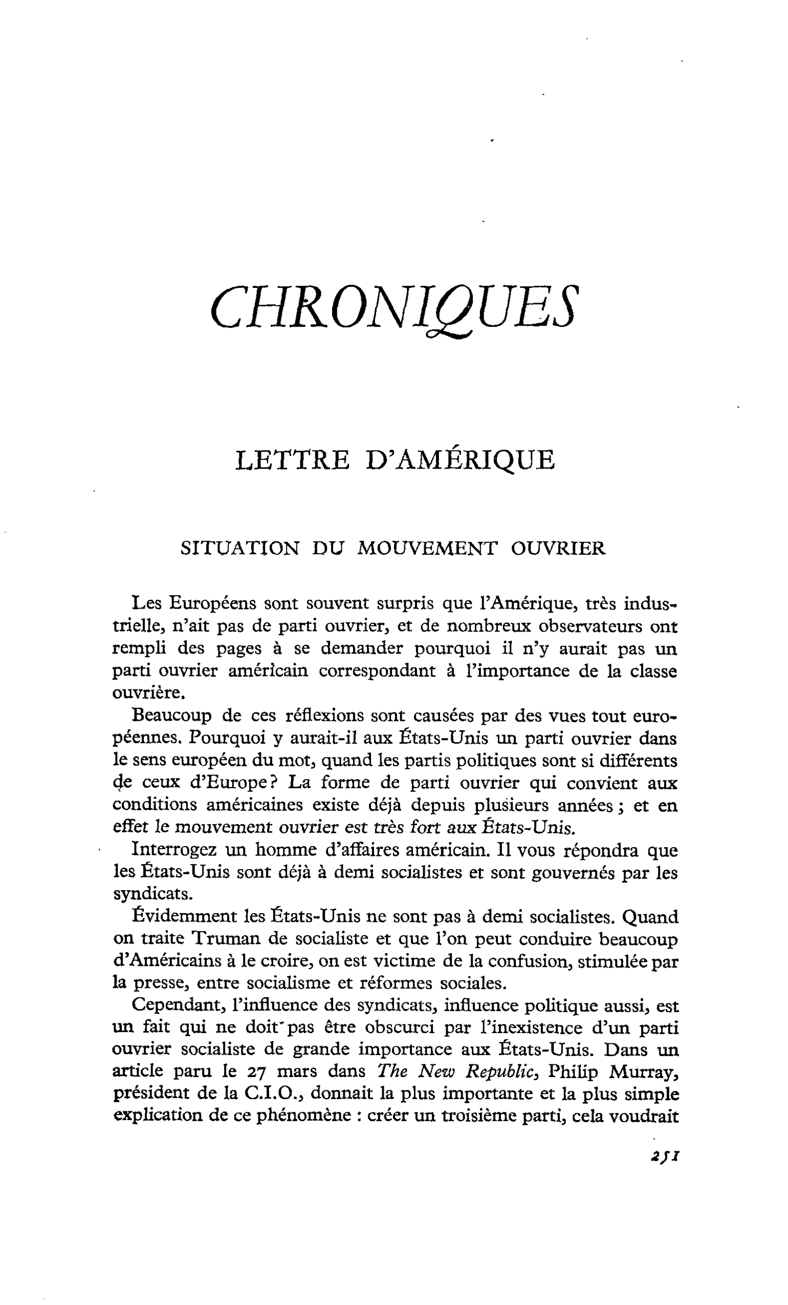 LETTRE D’AMÉRIQUE SITUATION DU MOUVEMENT OUVRIER