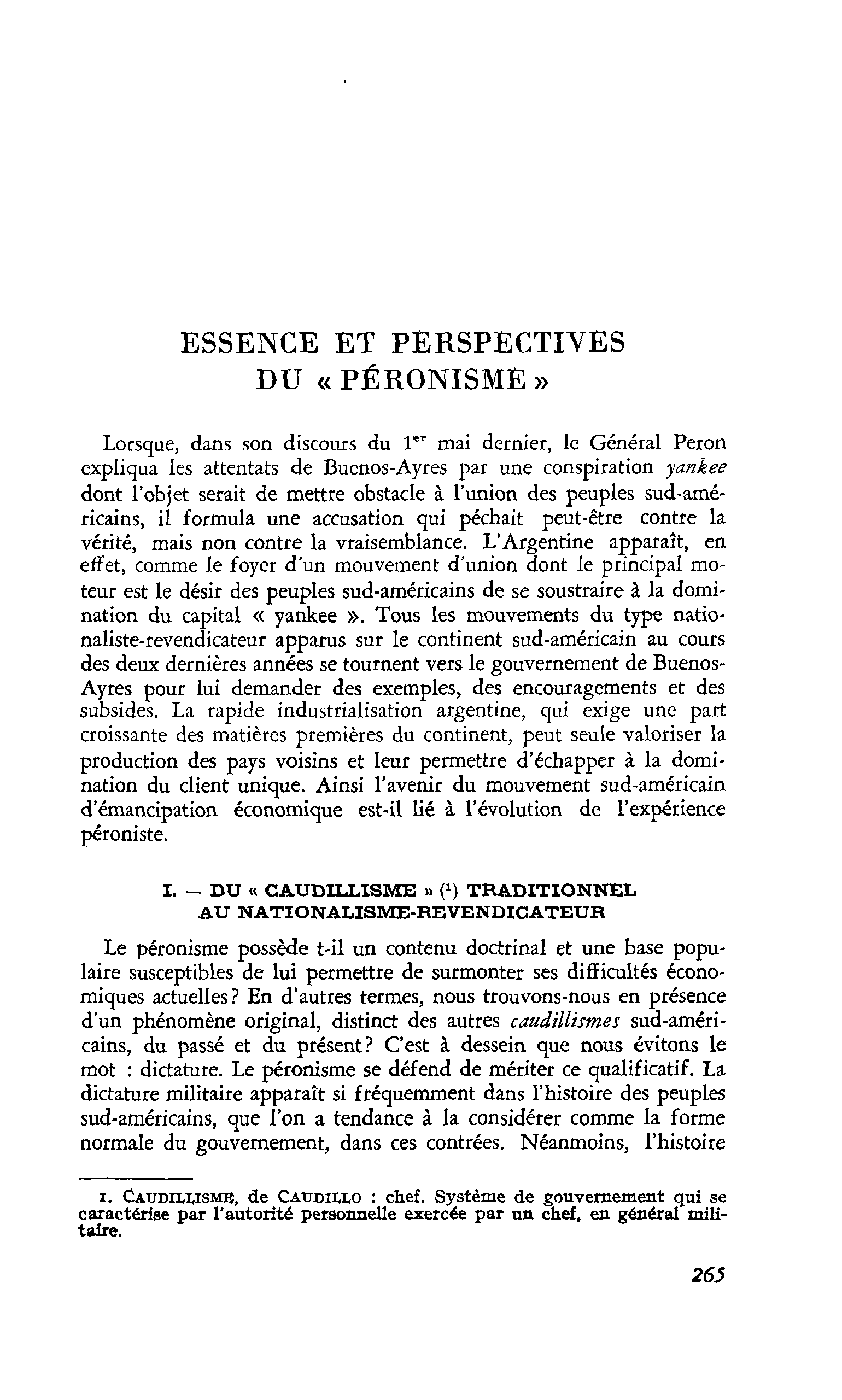 ESSENCE ET PERSPECTIVES DU « PÉRONISME »