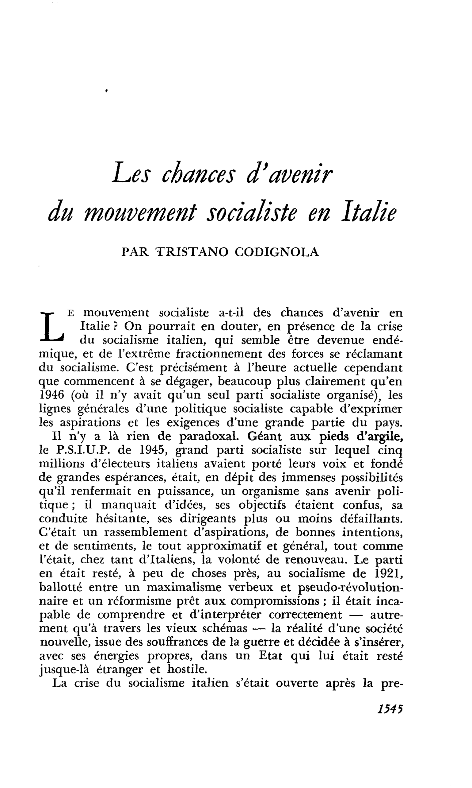 Les chances d’avenir du mouvement socialiste en Italie