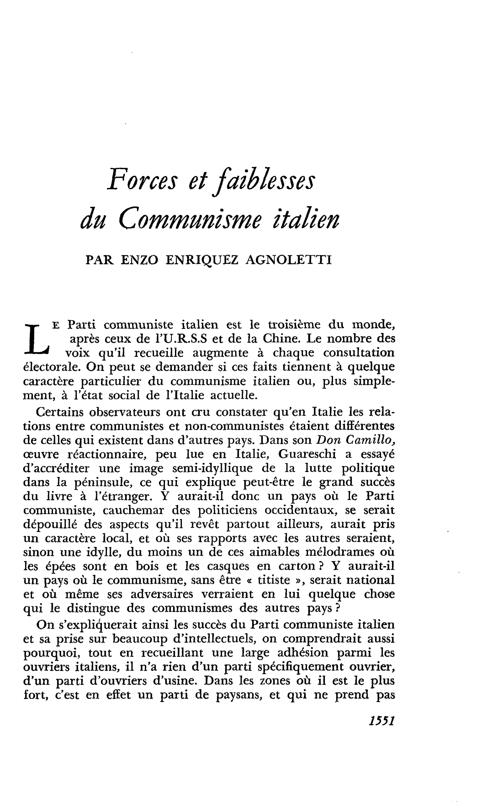 Forces et faiblesses du Communisme italien