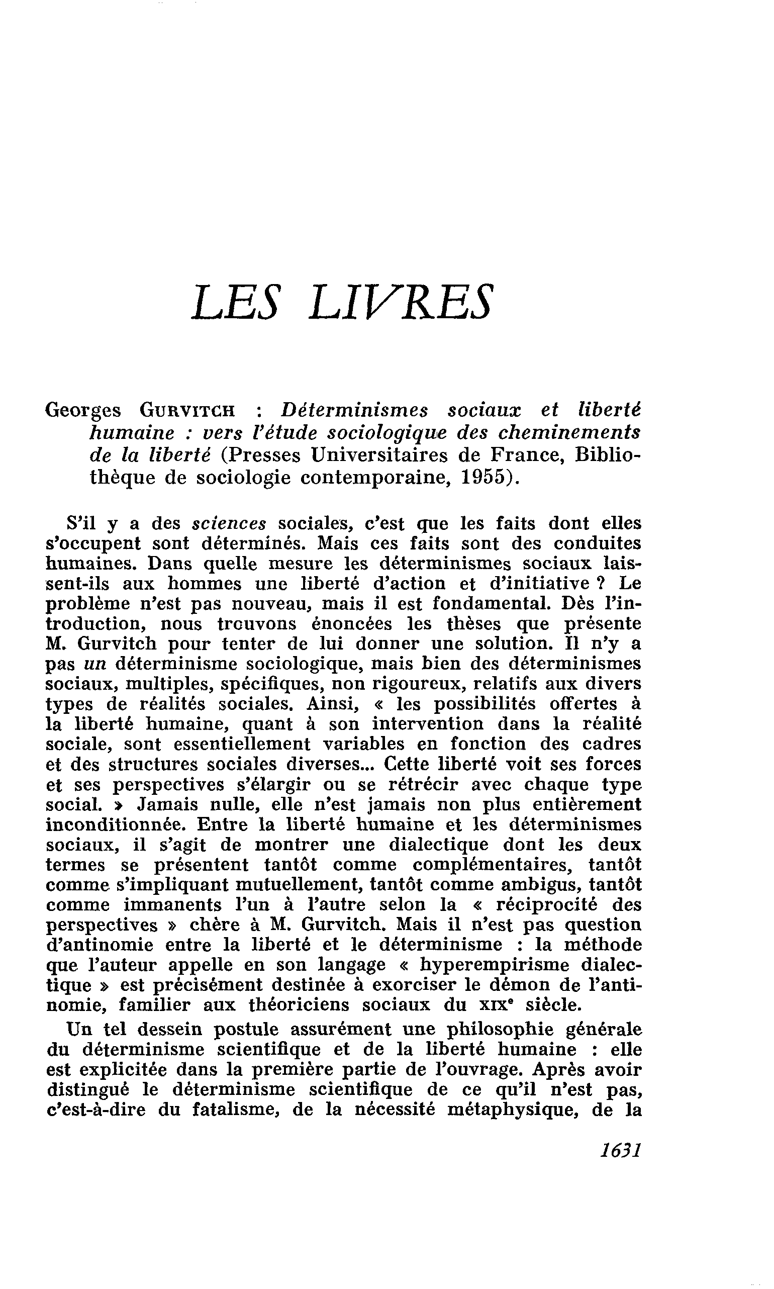 Georges Gurvitch : Déterminismes sociaux et liberté humaine : vers l’étude sociologique des cheminements de la liberté
