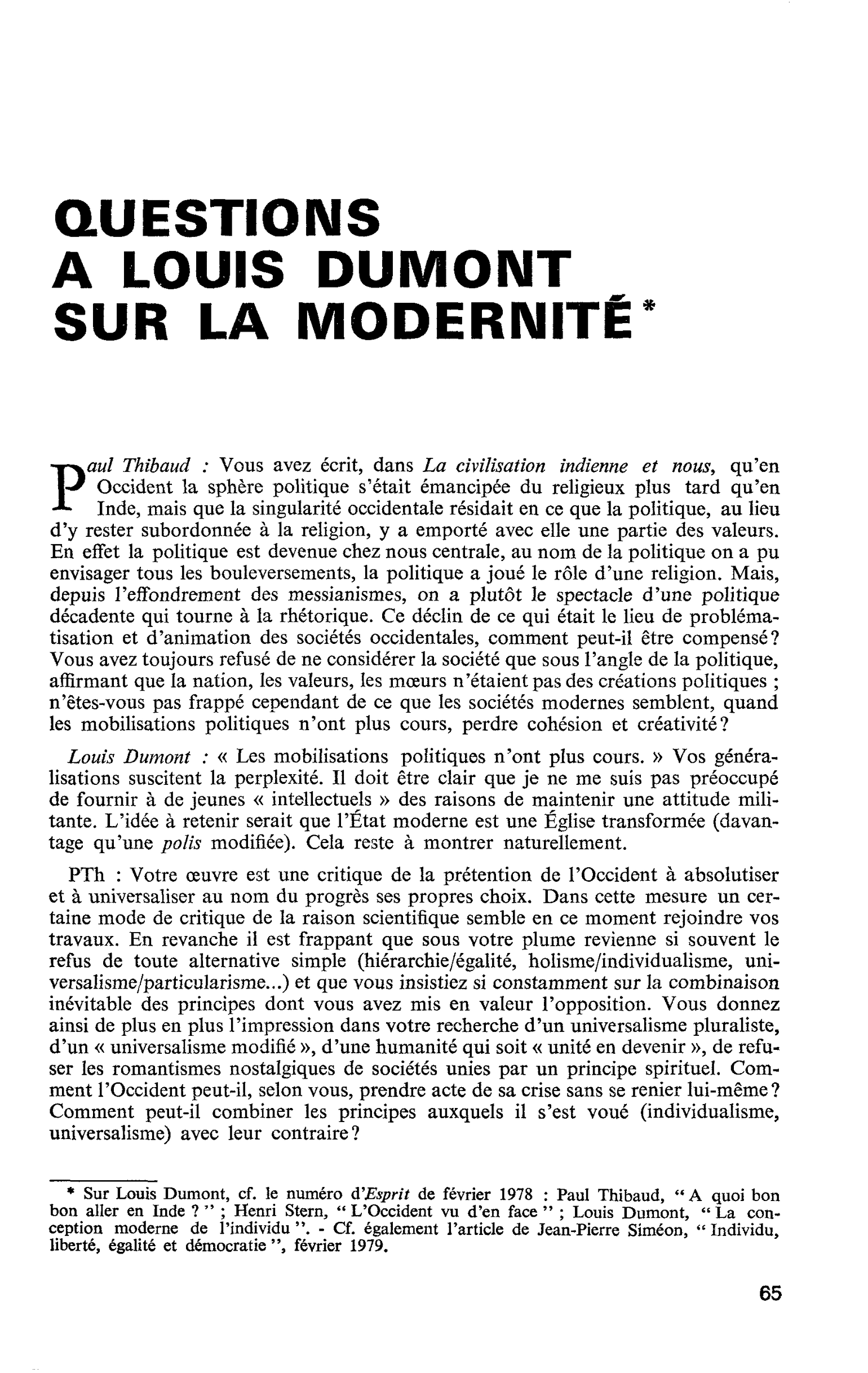 QUESTIONS A LOUIS DUMONT SUR LA MODERNITÉ