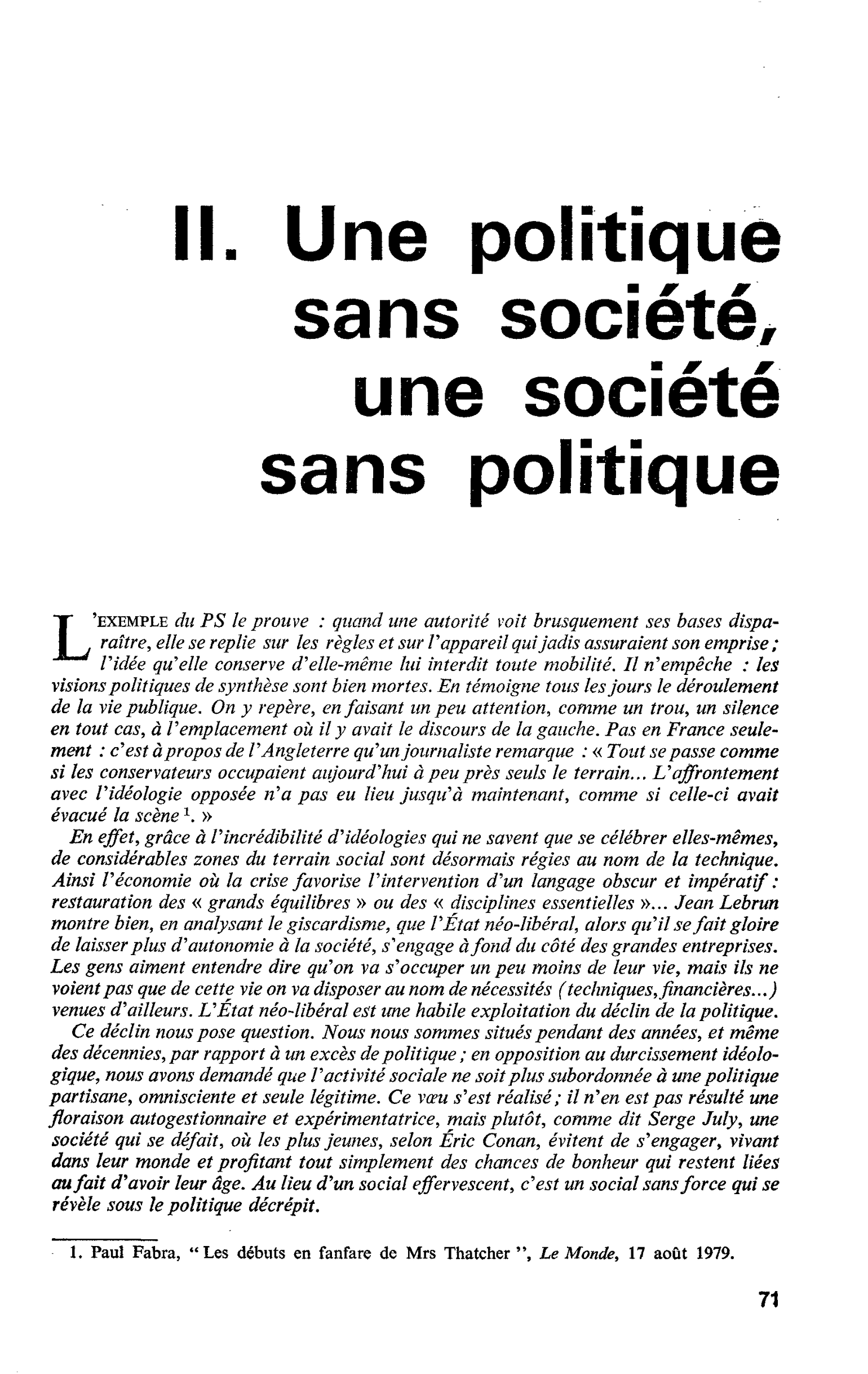 II. Une politique sans société, une société sans politique