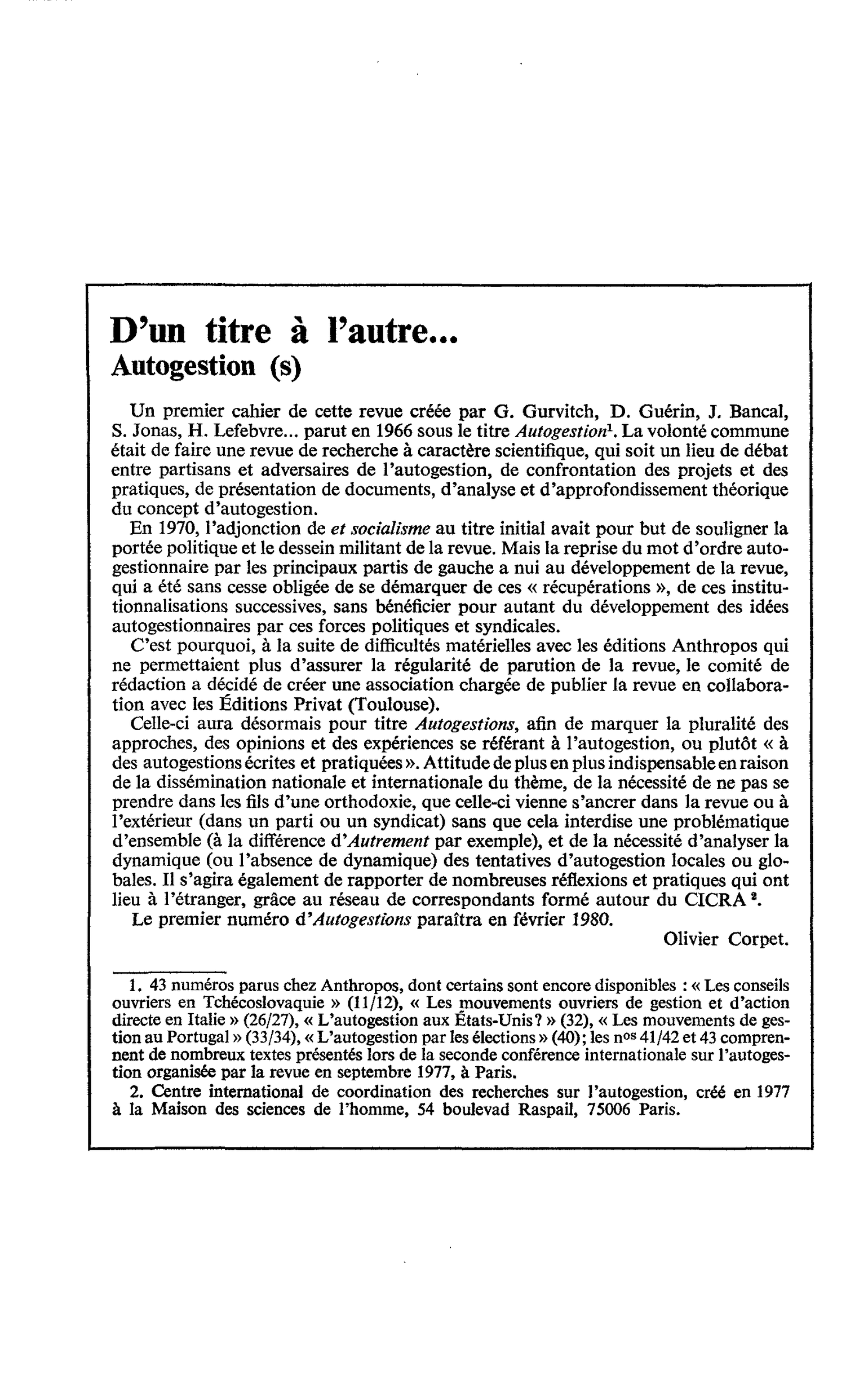 D’un titre à l’autre… Autogestion (s)