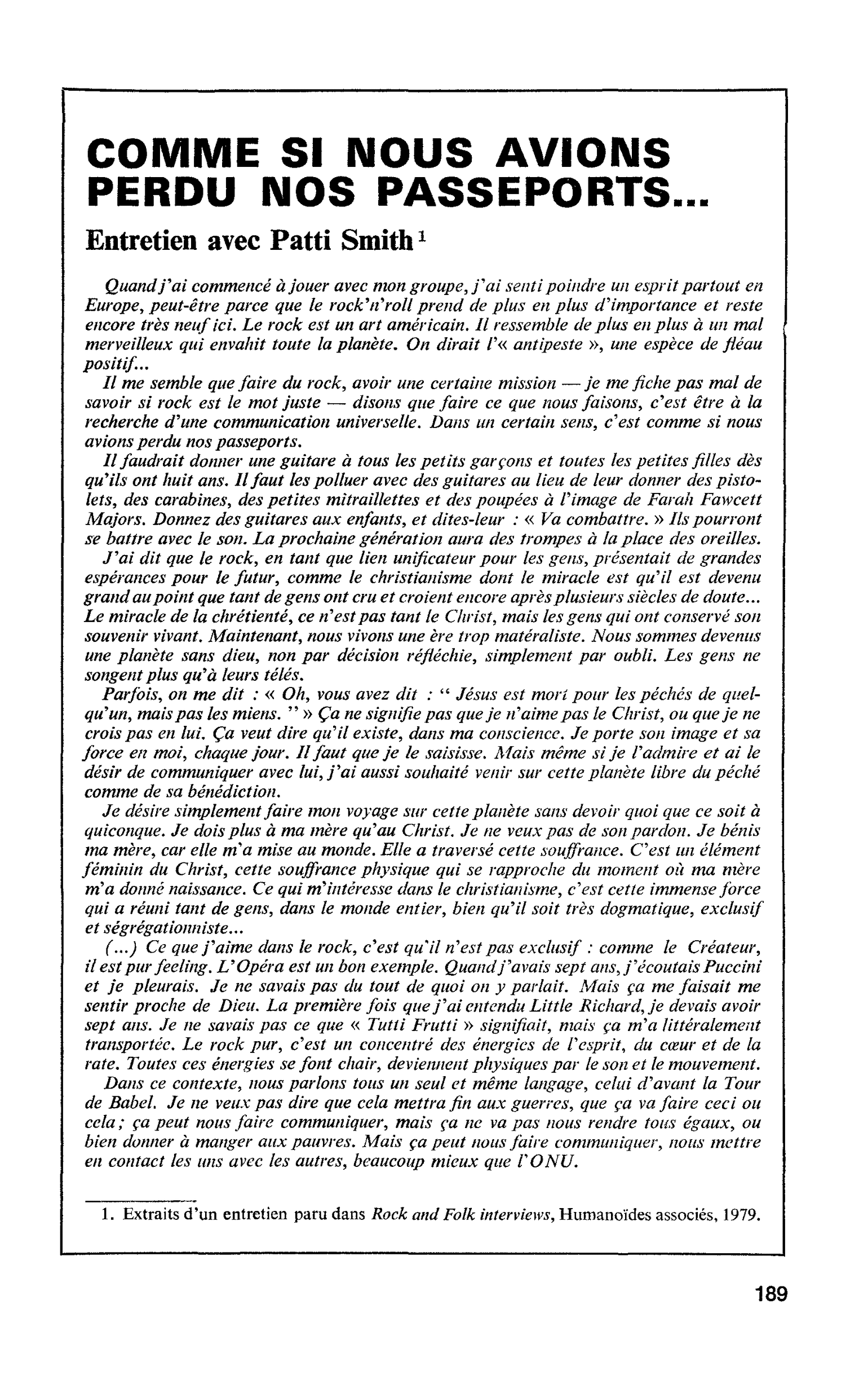 COMME SI NOUS AVIONS PERDU NOS PASSEPORTS… Entretien avec Patti Smith