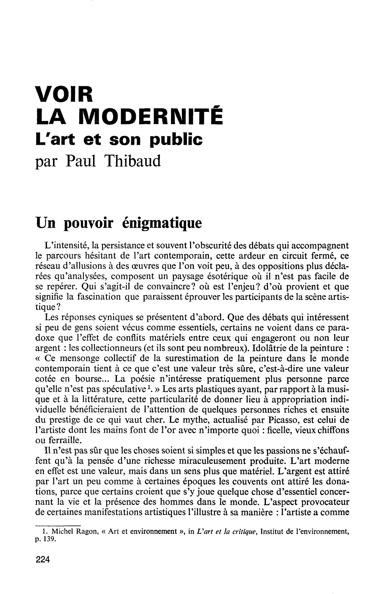 VOIR LA MODERNITÉ. L’art et son public