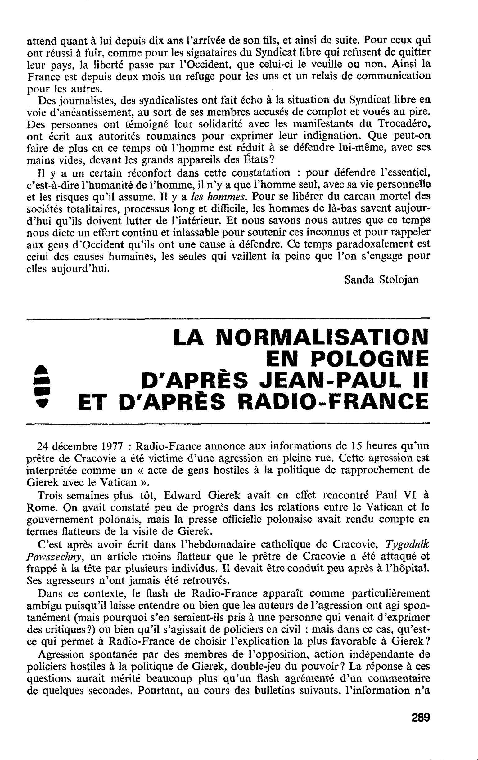 LA NORMALISATION EN POLOGNE D’APRÈS JEAN-PAUL II ET D’APRÈS RADIO-FRANCE