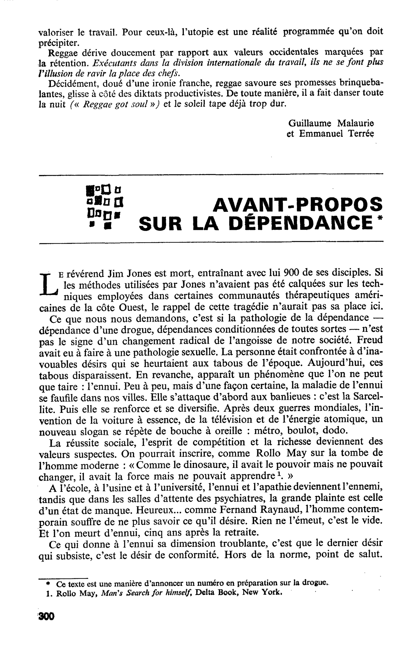 AVANT-PROPOS SUR LA DÉPENDANCE