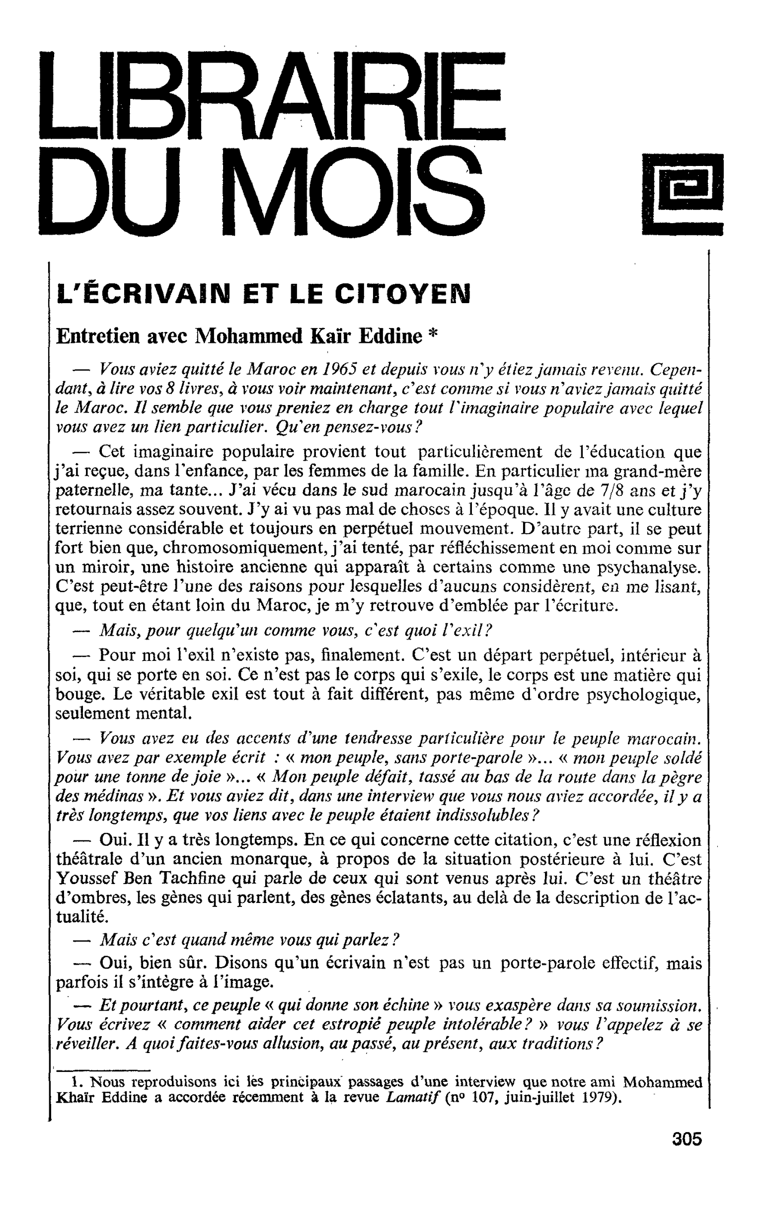 L’ÉCRIVAIN ET LE CITOYEN. Entretien avec Mohammed Kaïr Eddine