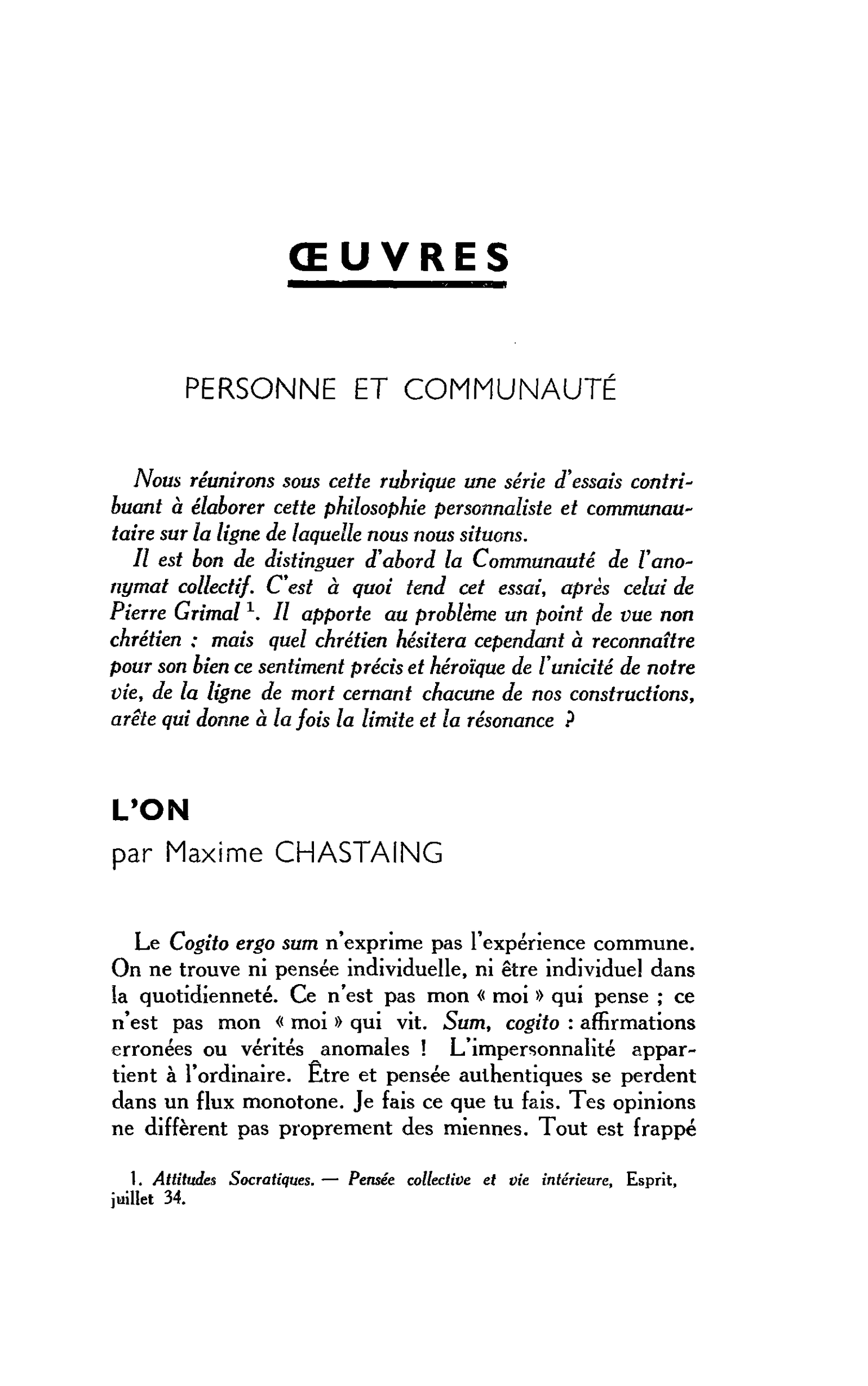PERSONNE ET COMMUNAUTÉ. L’ON