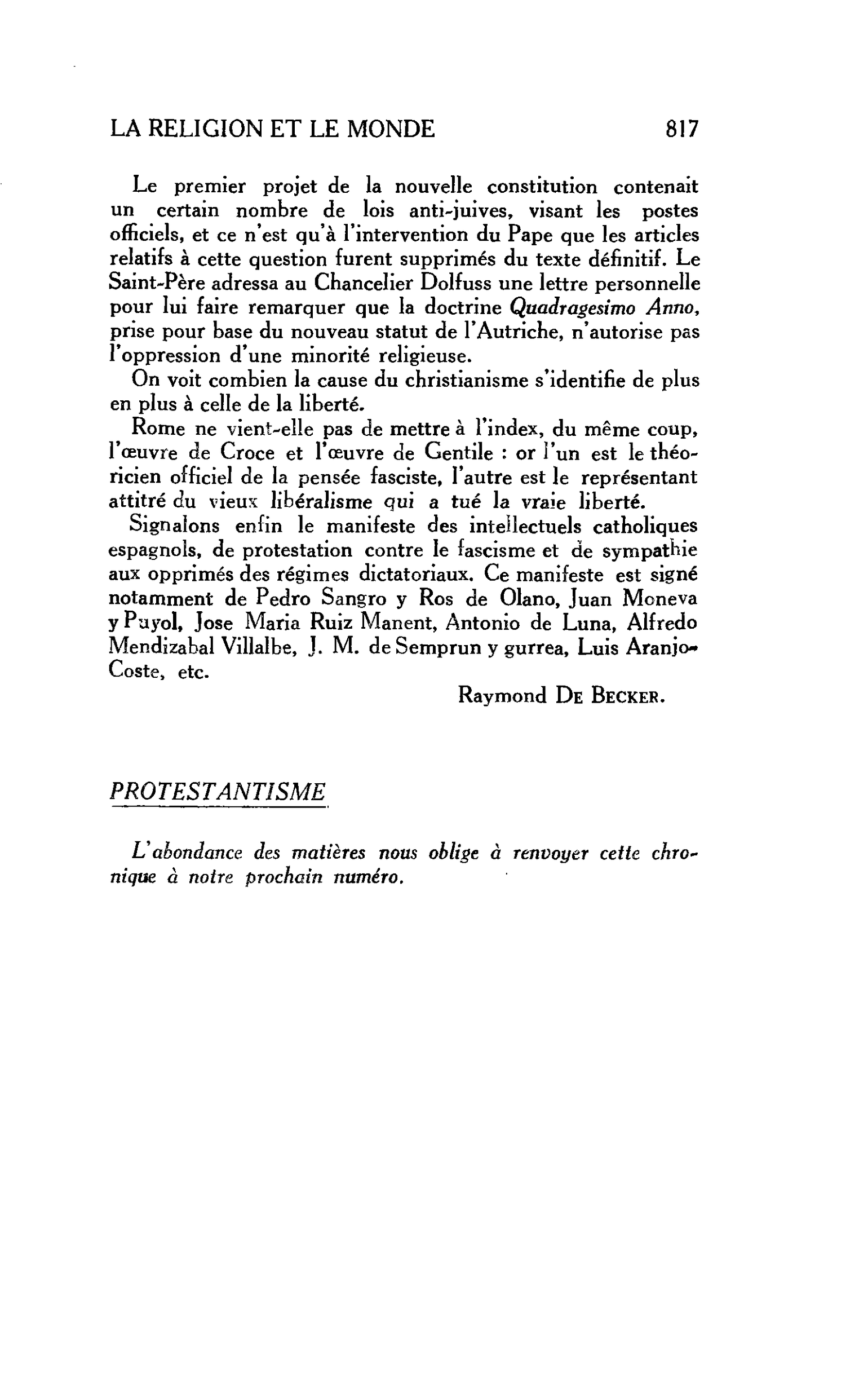 LA RELIGION ET LE MONDE : PROTESTANTISME