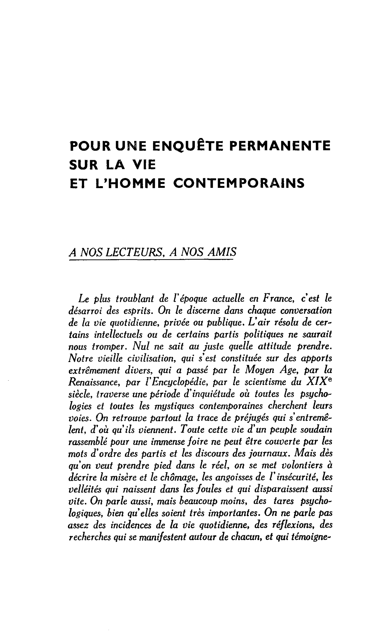POUR UNE ENQUÊTE PERMANENTE SUR LA VIE ET L’HOMME CONTEMPORAINS