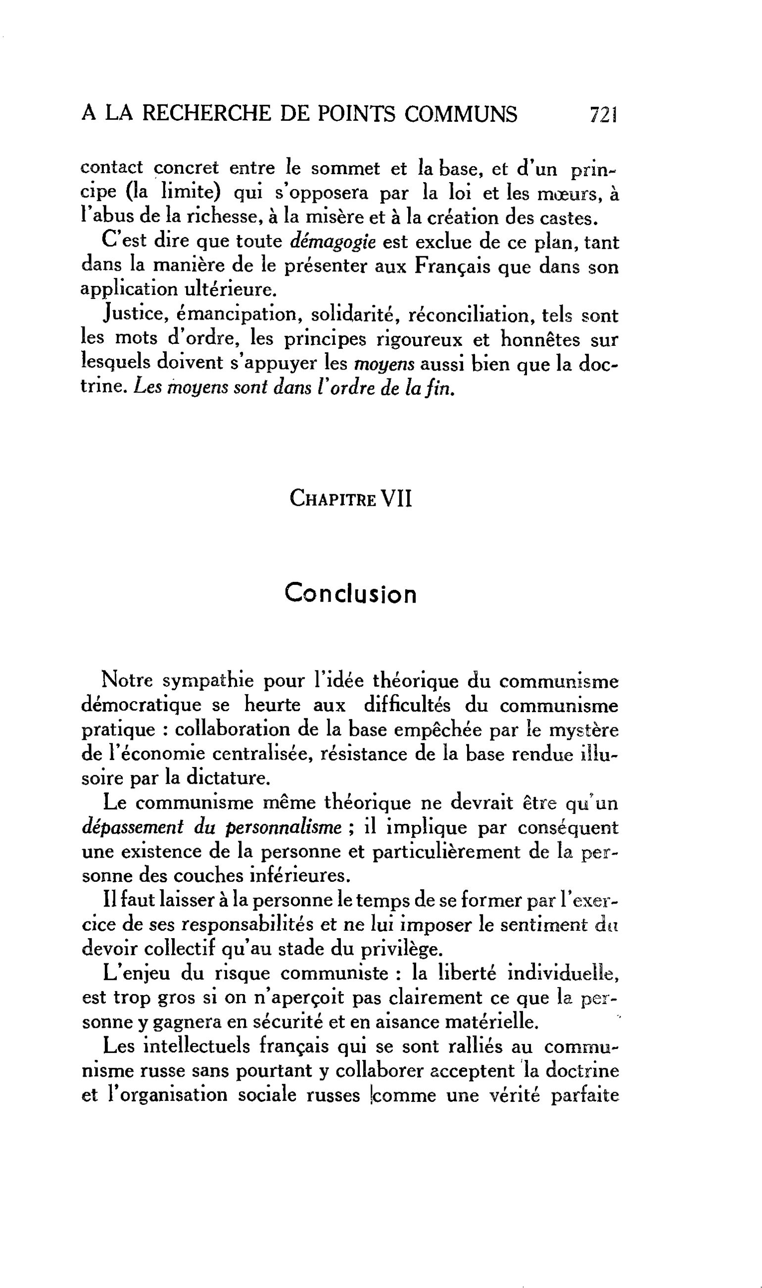 RECHERCHES SUR DES POINTS COMMUNS D’UN PROGRAMME ÉLECTORAL POUR LES ANTIFASCISTES ET LES DÉMOCRATES. LIBÉRALISME PAR LE BAS COMMUNISME PAR LE HAUT : Chapitre VII Conclusion