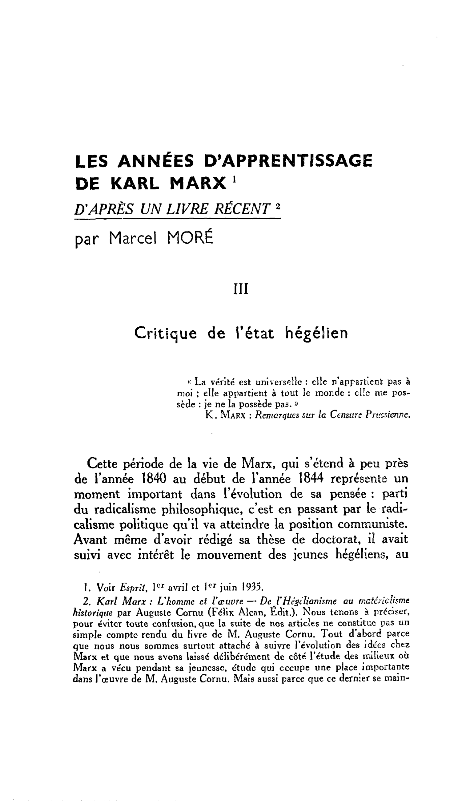 LES ANNÉES D’APPRENTISSAGE DE KARL MARX. D’APRÈS UN LIVRE RÉCENT