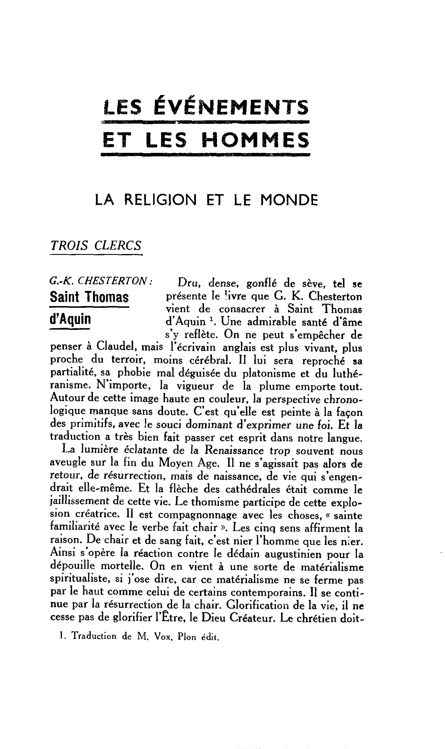 LA RELIGION ET LE MONDE. TROIS CLERCS G.-K. CHESTERTON : Saint Thomas d’Aquin